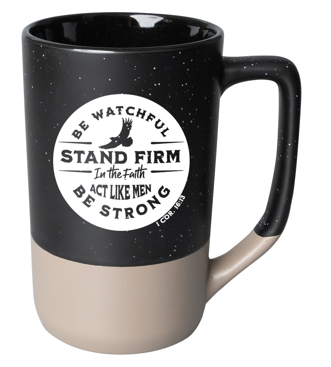 Two-toned ceramic mug with pebble accents featuring Be Watchful and a corresponding image.