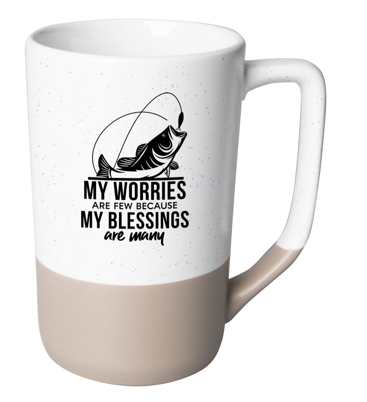 Two-toned ceramic mug with pebble accents featuring My Worries Are Few and a corresponding image.