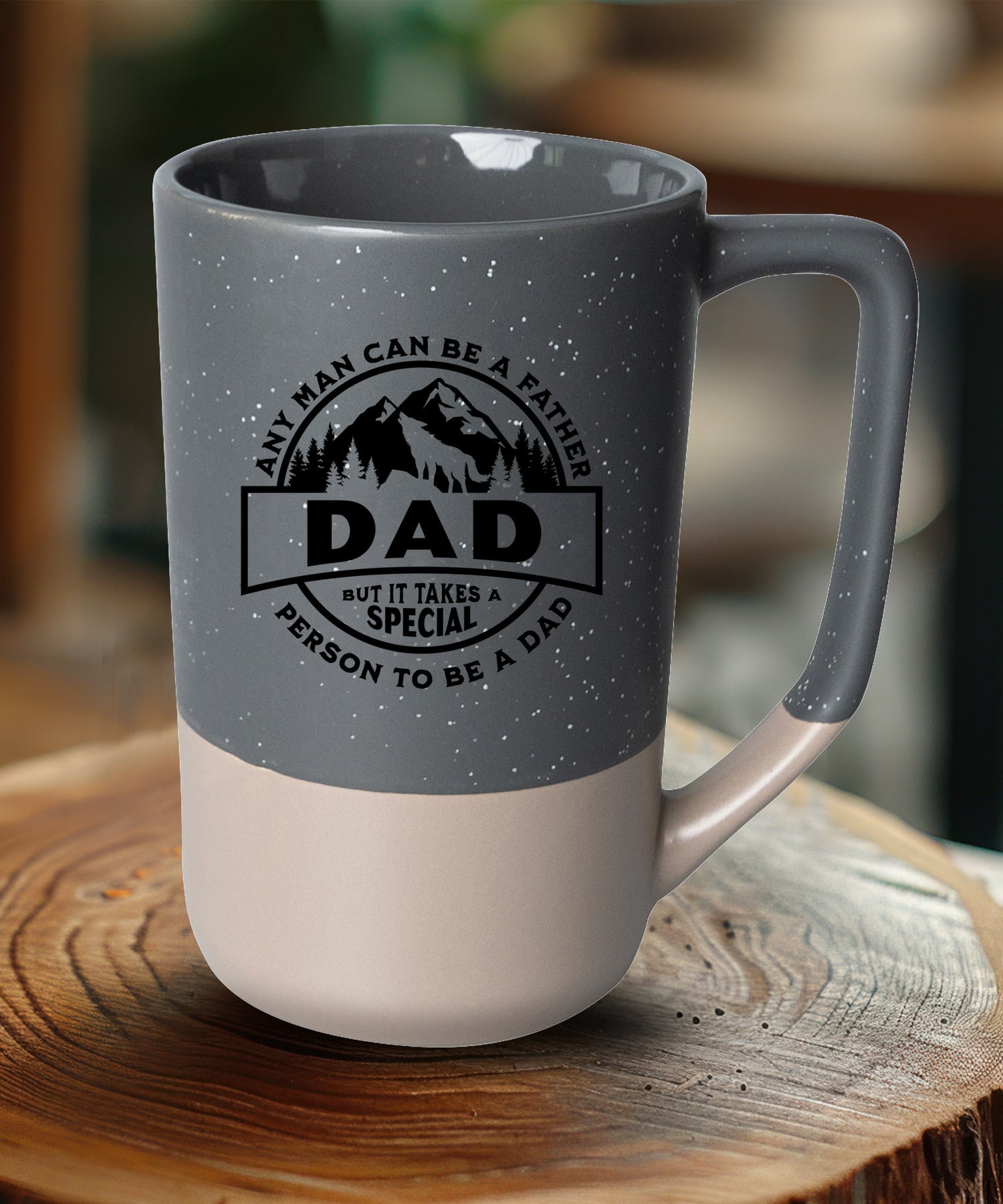 Any Man Can Be a Father Pebble Mug with speckled two-tone design and Dad message
