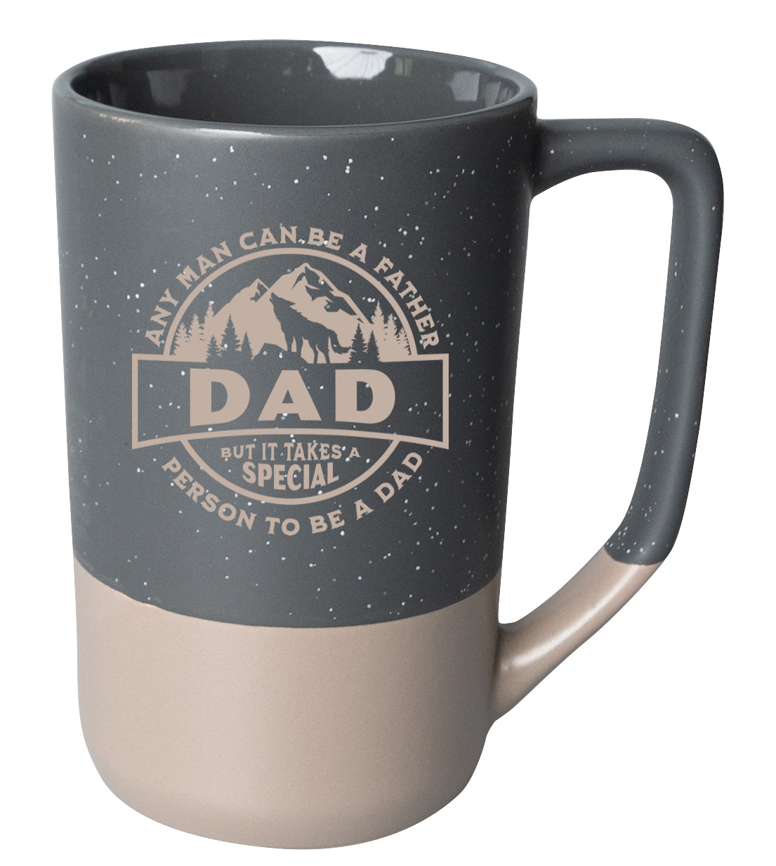 Two-toned ceramic mug with pebble accents featuring Any Man Can Be a Father and a corresponding image.