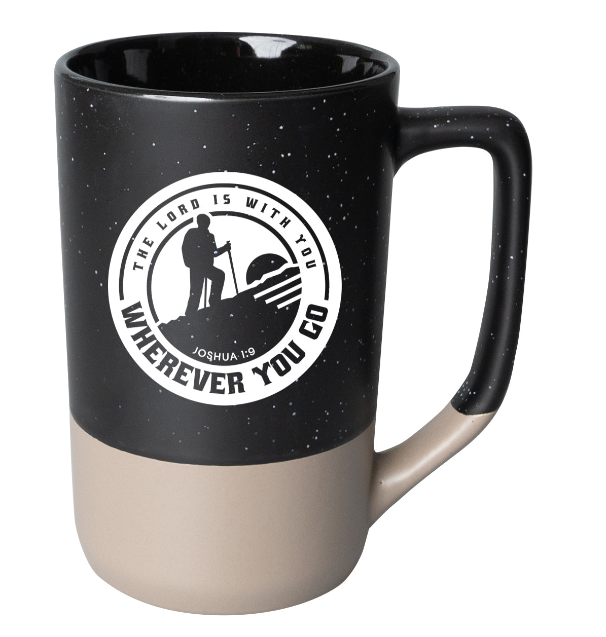Two-toned ceramic mug with pebble accents featuring The Lord Is With You and a corresponding image.