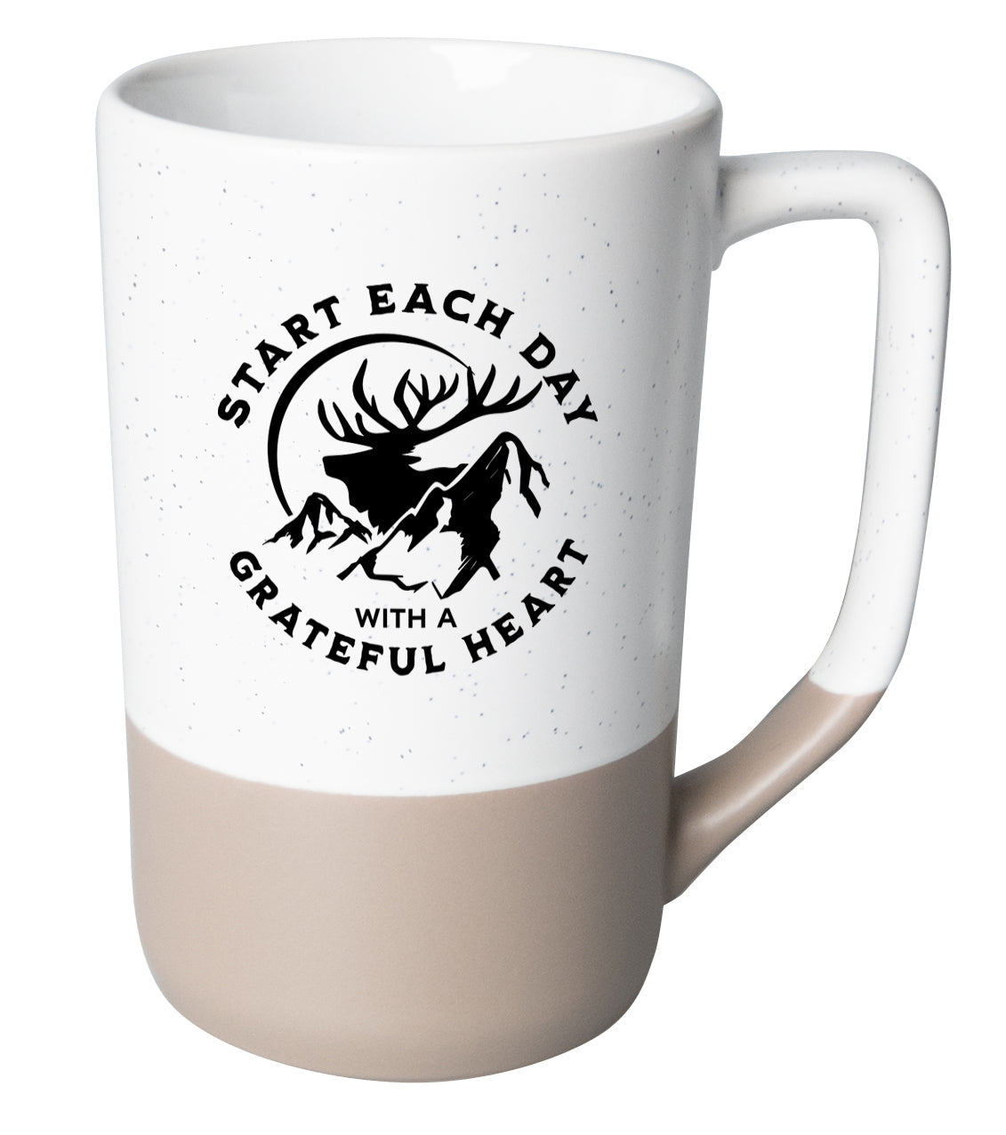 Two-toned ceramic mug with pebble accents featuring Start Each Day and a corresponding image.