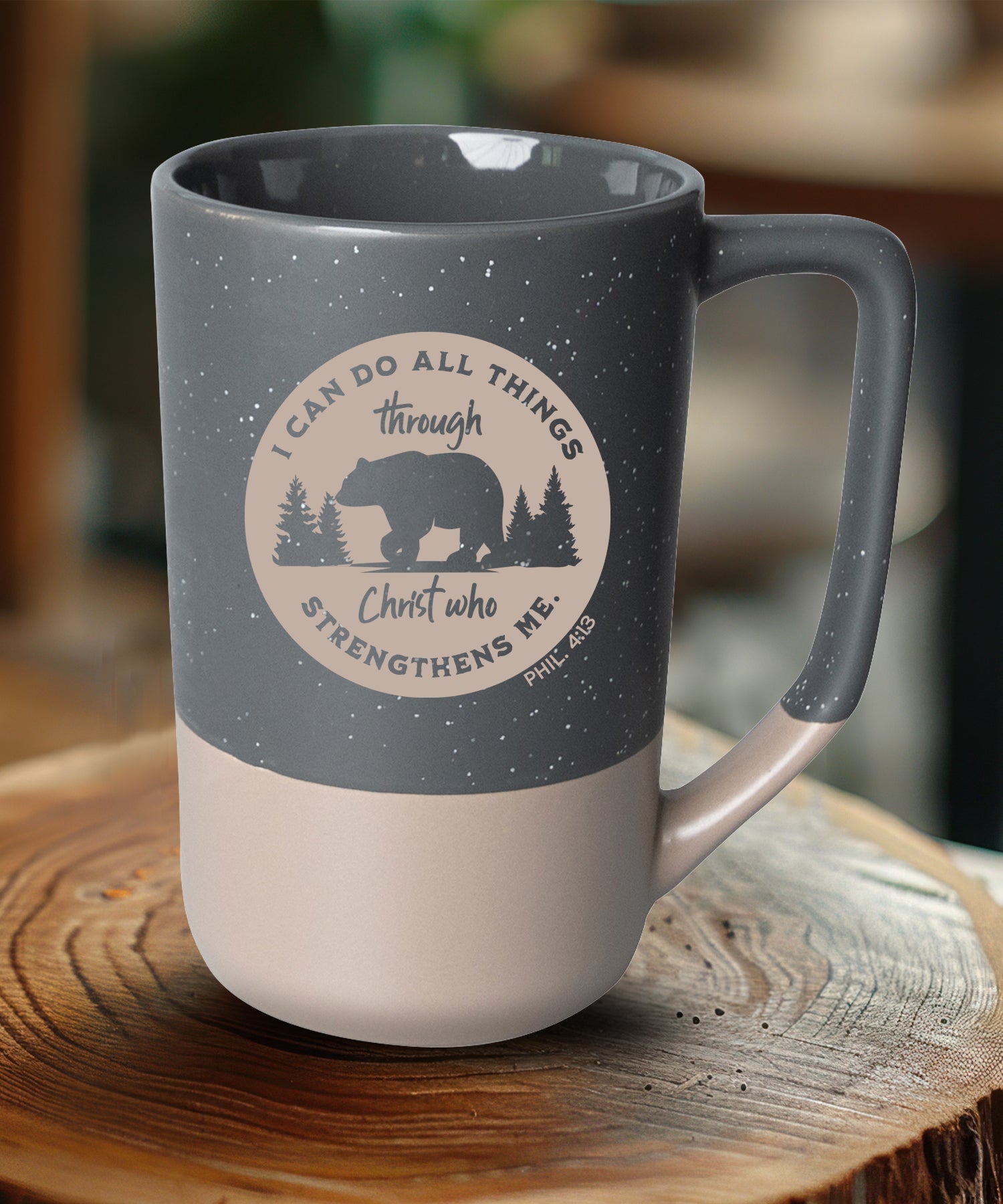 Two-toned ceramic mug with pebble accents featuring I Can Do All Things and a corresponding image.