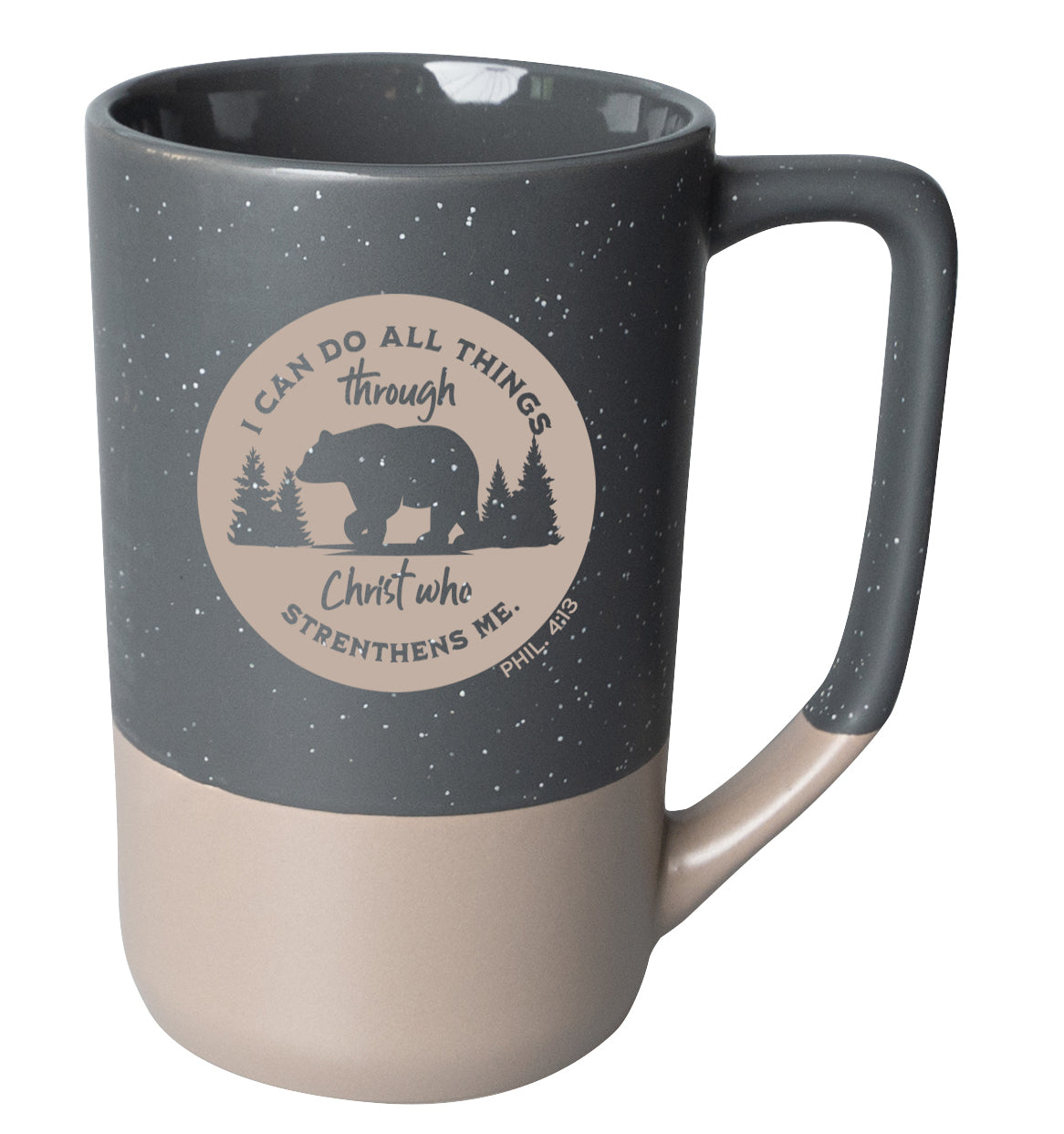 Two-toned ceramic mug with pebble accents featuring I Can Do All Things and a corresponding image.
