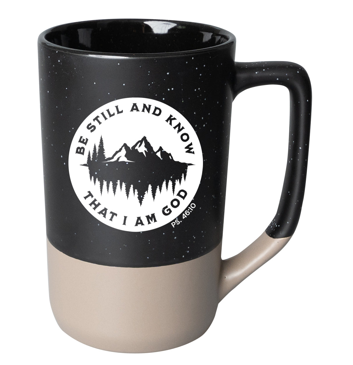 Two-toned ceramic mug with pebble accents featuring Be Still and Know and a corresponding image.