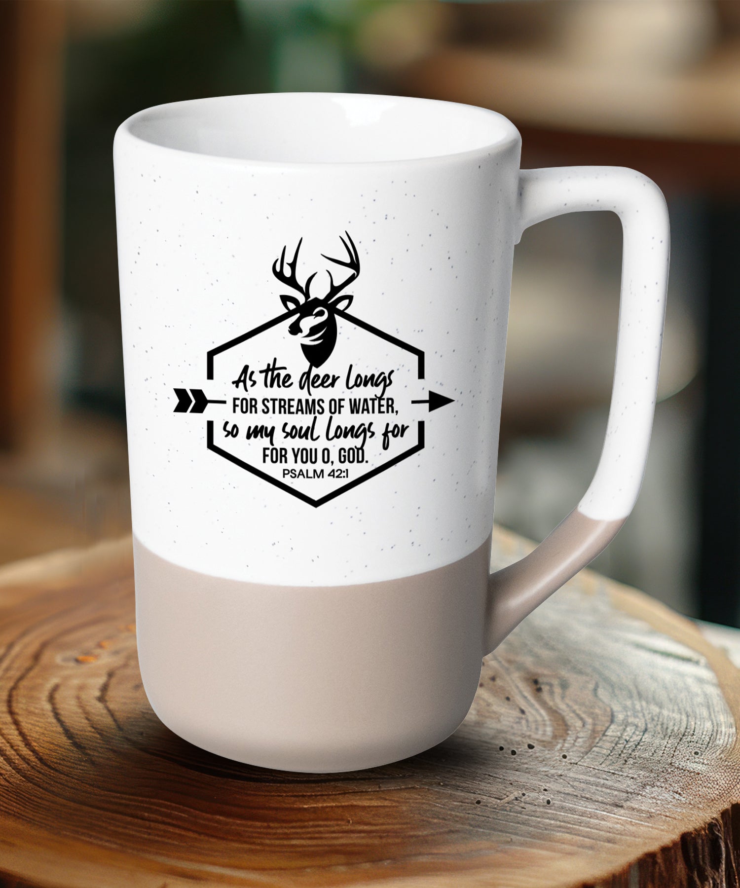 Two-toned ceramic mug with pebble accents featuring As the Deer and a corresponding image.