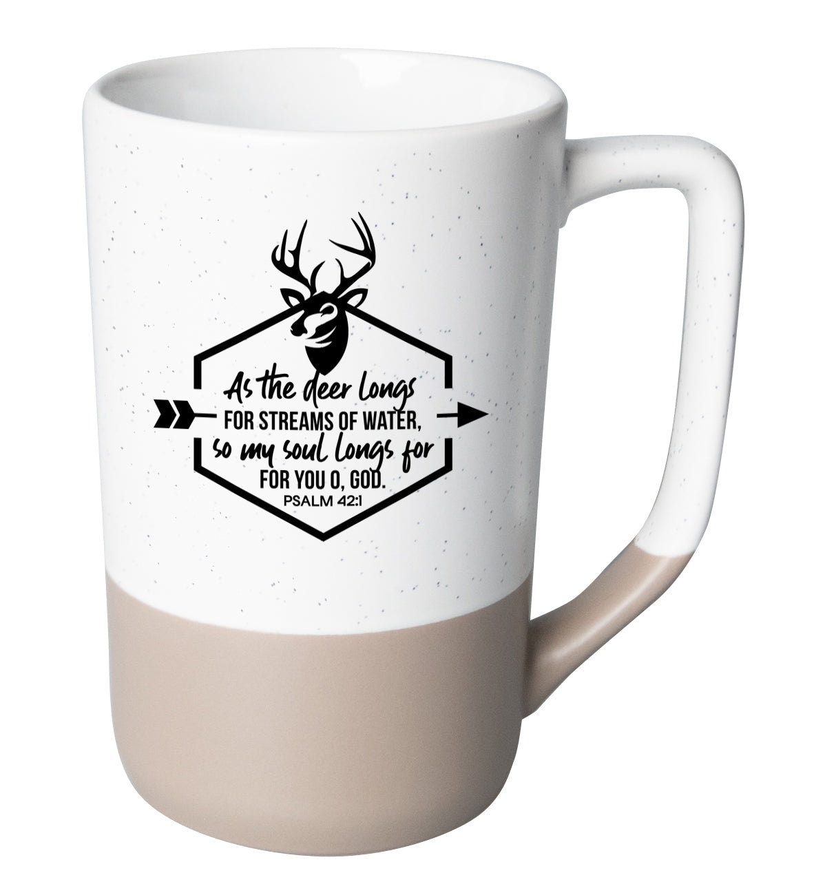 Two-toned ceramic mug with pebble accents featuring As the Deer and a corresponding image.
