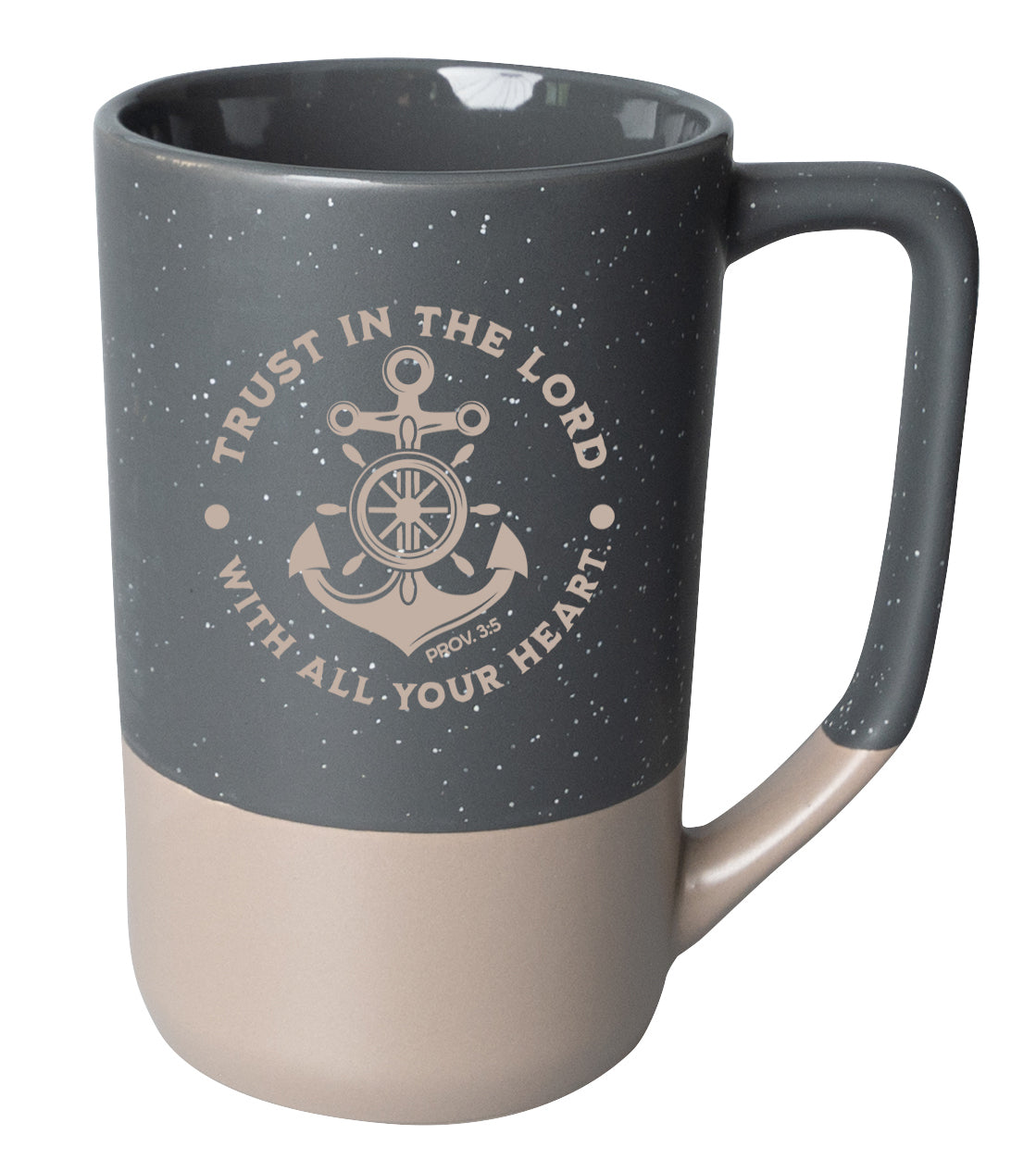 Two-toned ceramic mug with pebble accents featuring Trust in the Lord and a corresponding image.