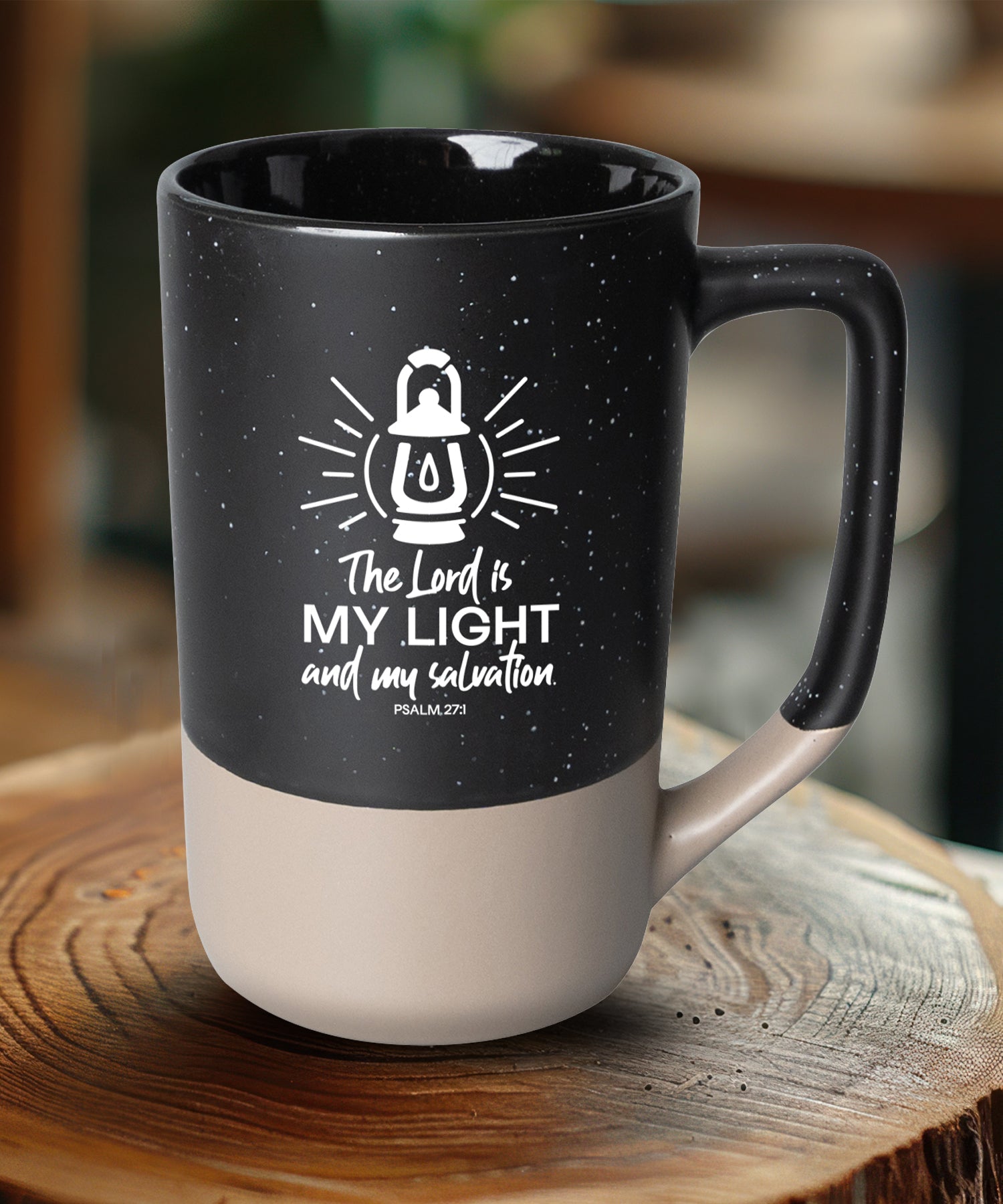 Two-toned ceramic mug with pebble accents featuring The Lord Is My Light and a corresponding image.