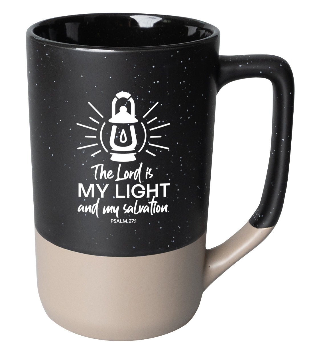 Two-toned ceramic mug with pebble accents featuring The Lord Is My Light and a corresponding image.