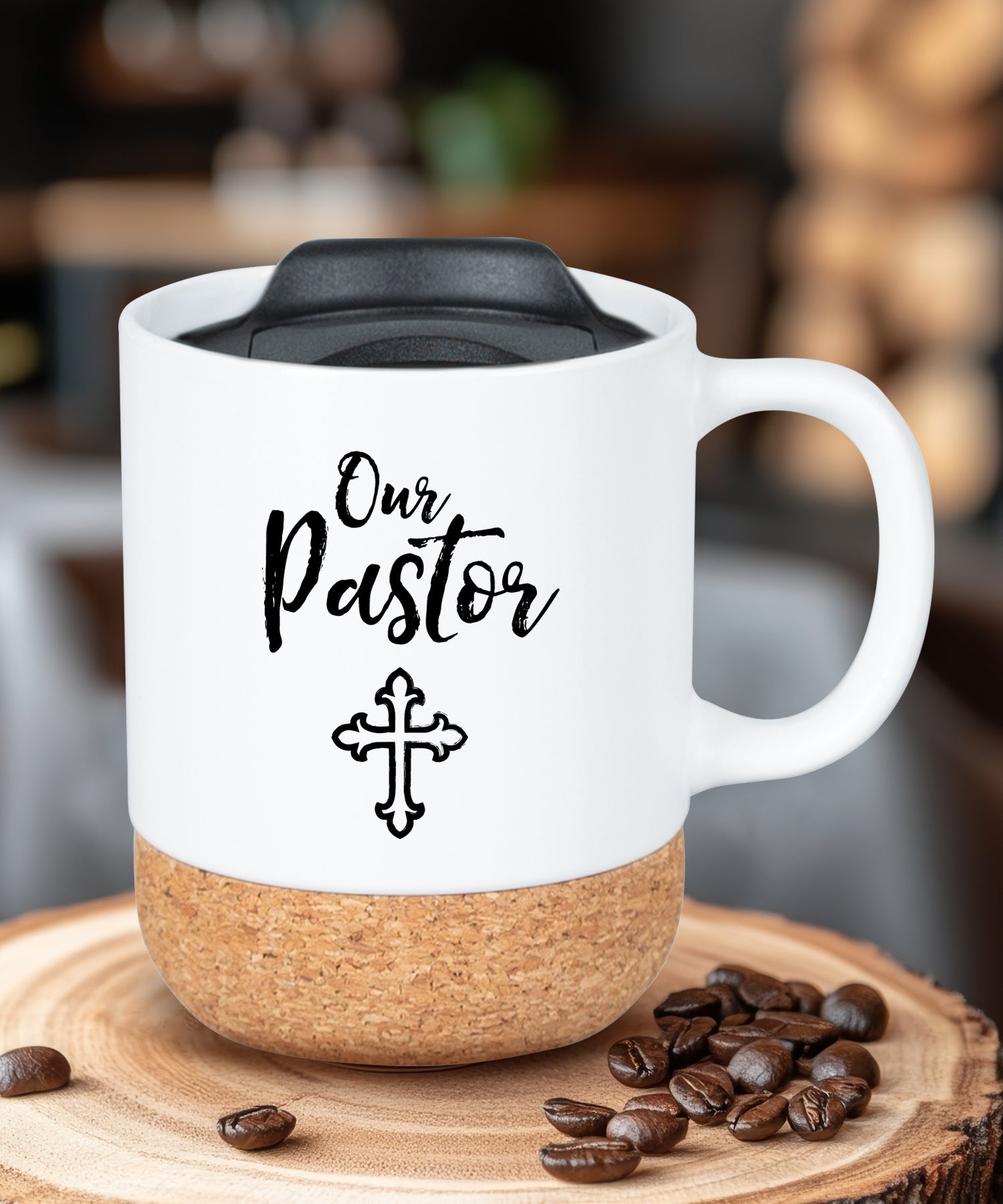 Cork bottom mug with a push-on, slide-locking lid featuring Pastor.