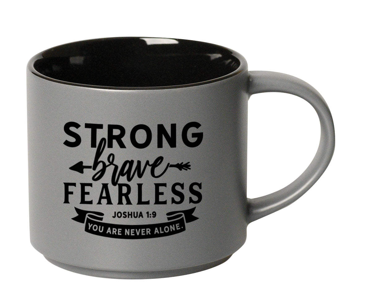Gray stacking mug with black interior, featuring Strong Brave Fearless.