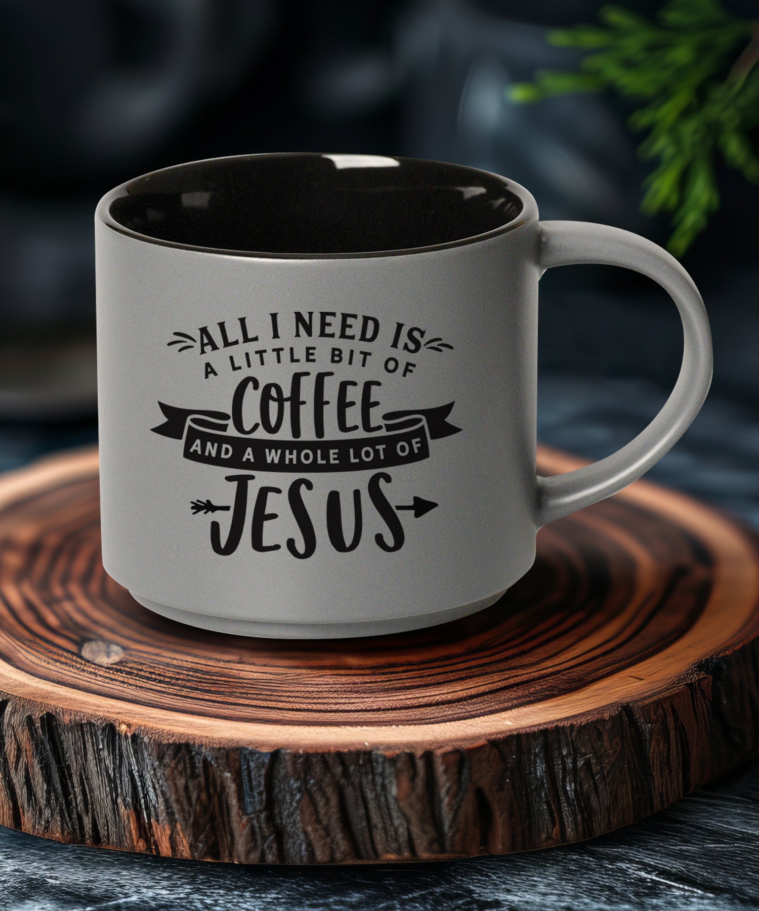 All I Need gray stackable mug with black interior and inspirational coffee and Jesus message