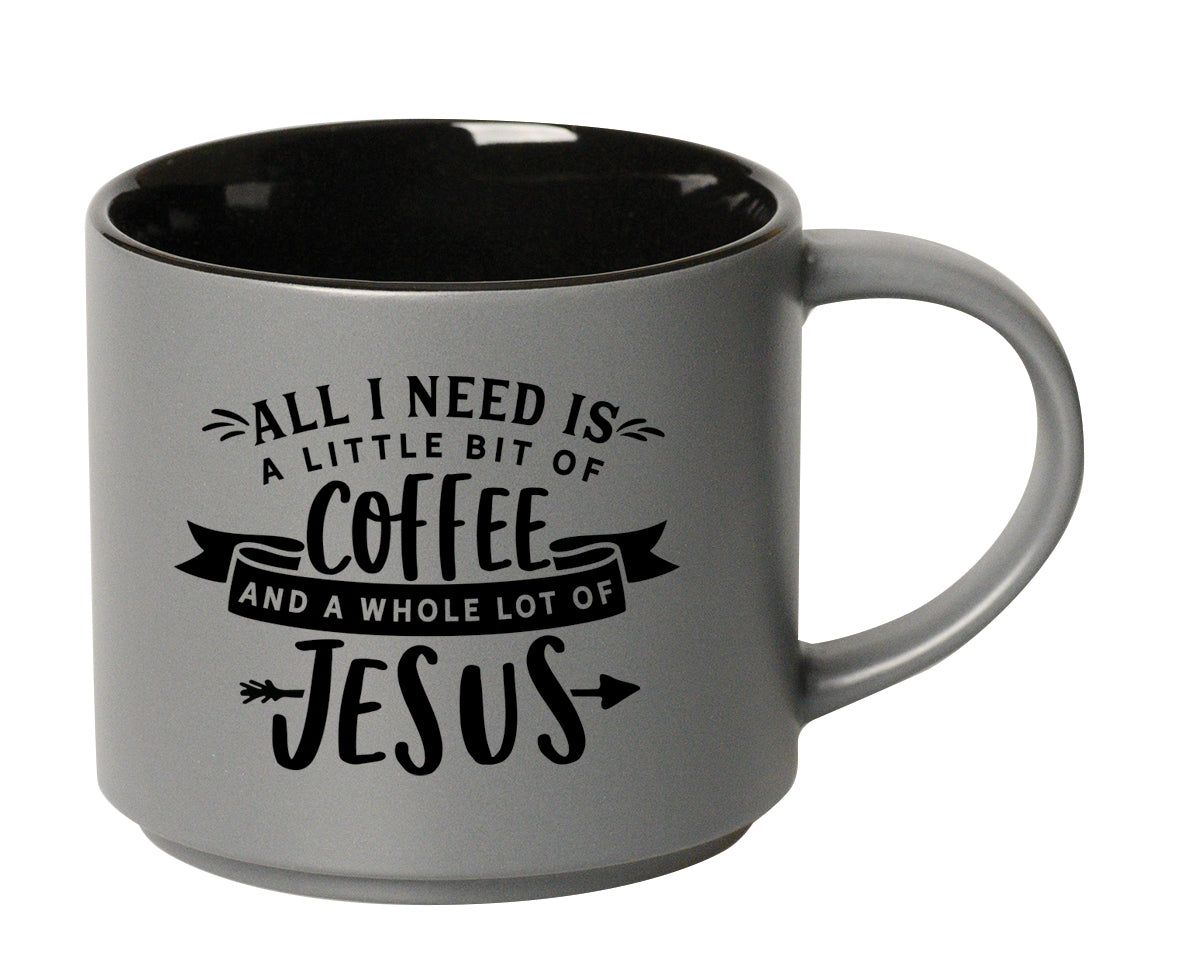 Gray stacking mug with black interior, featuring All I Need.