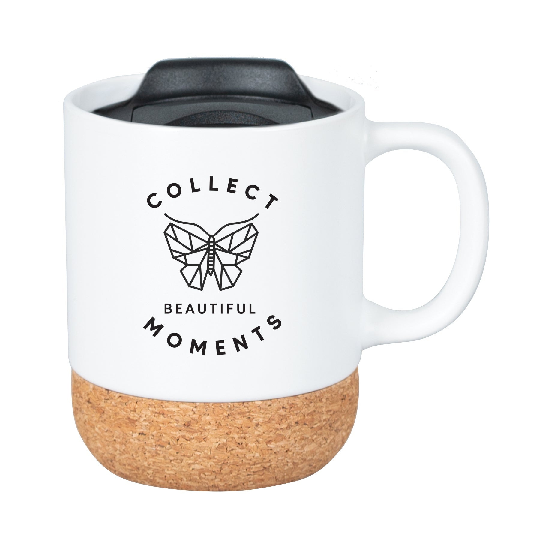 Cork bottom mug with a push-on, slide-locking lid featuring Collect Beautiful Moments.