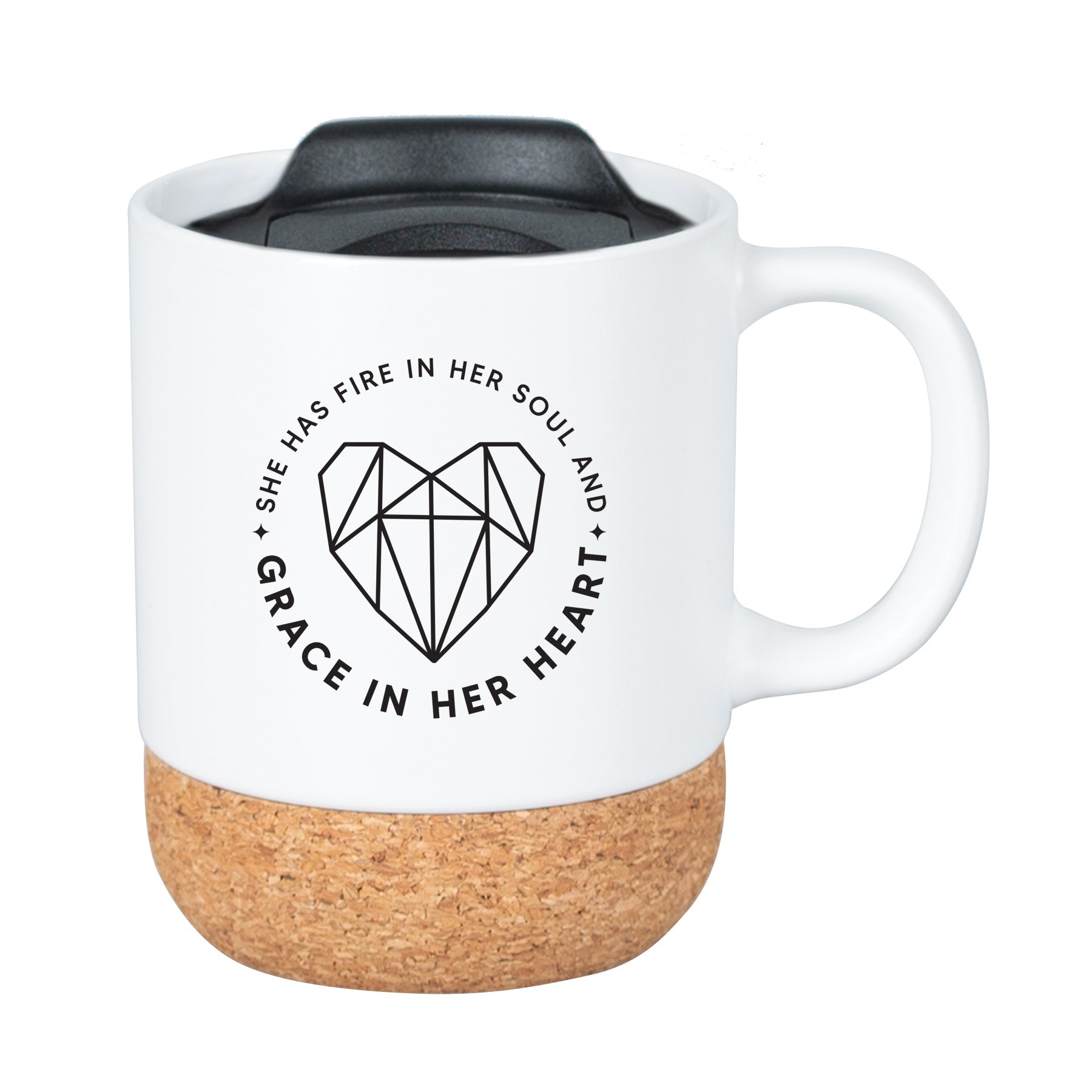 Cork bottom mug with a push-on, slide-locking lid featuring She Has Fire in Her Soul.
