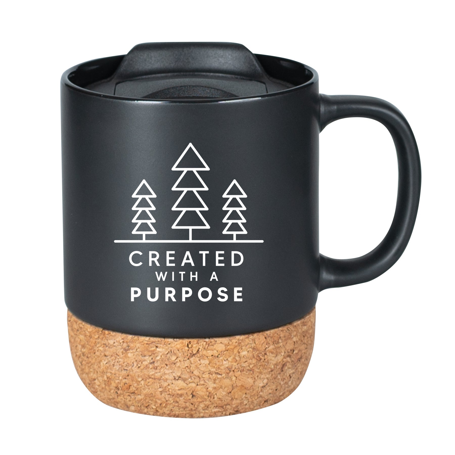 Cork bottom mug with a push-on, slide-locking lid featuring Created With a Purpose.