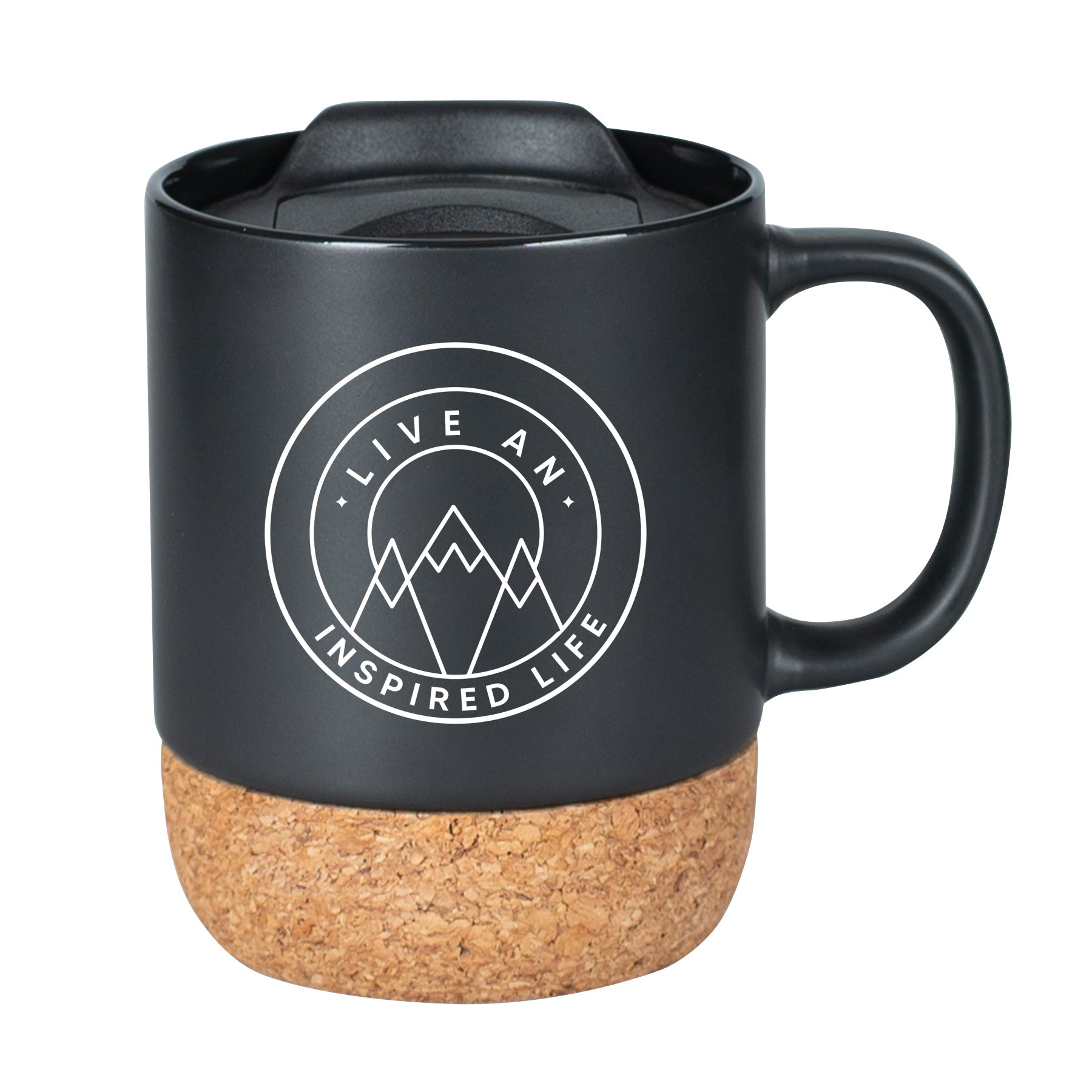 Cork bottom mug with a push-on, slide-locking lid featuring Live an Inspired Life.