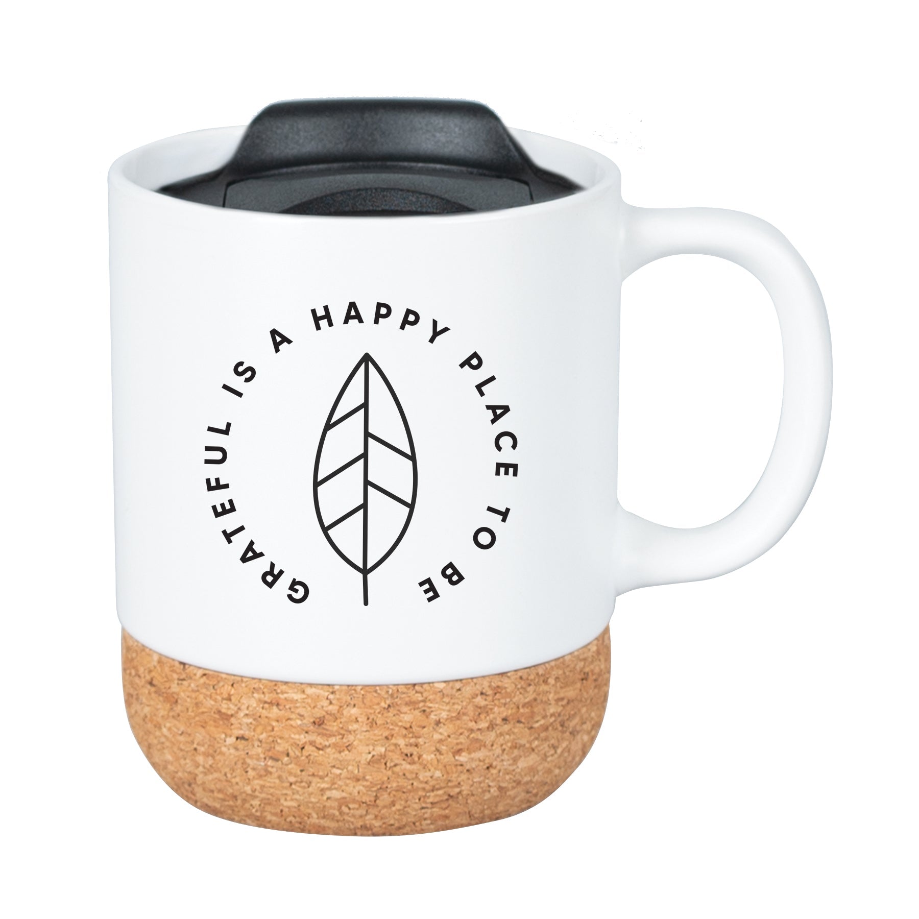 Cork bottom mug with a push-on, slide-locking lid featuring Grateful Is a Happy Place.