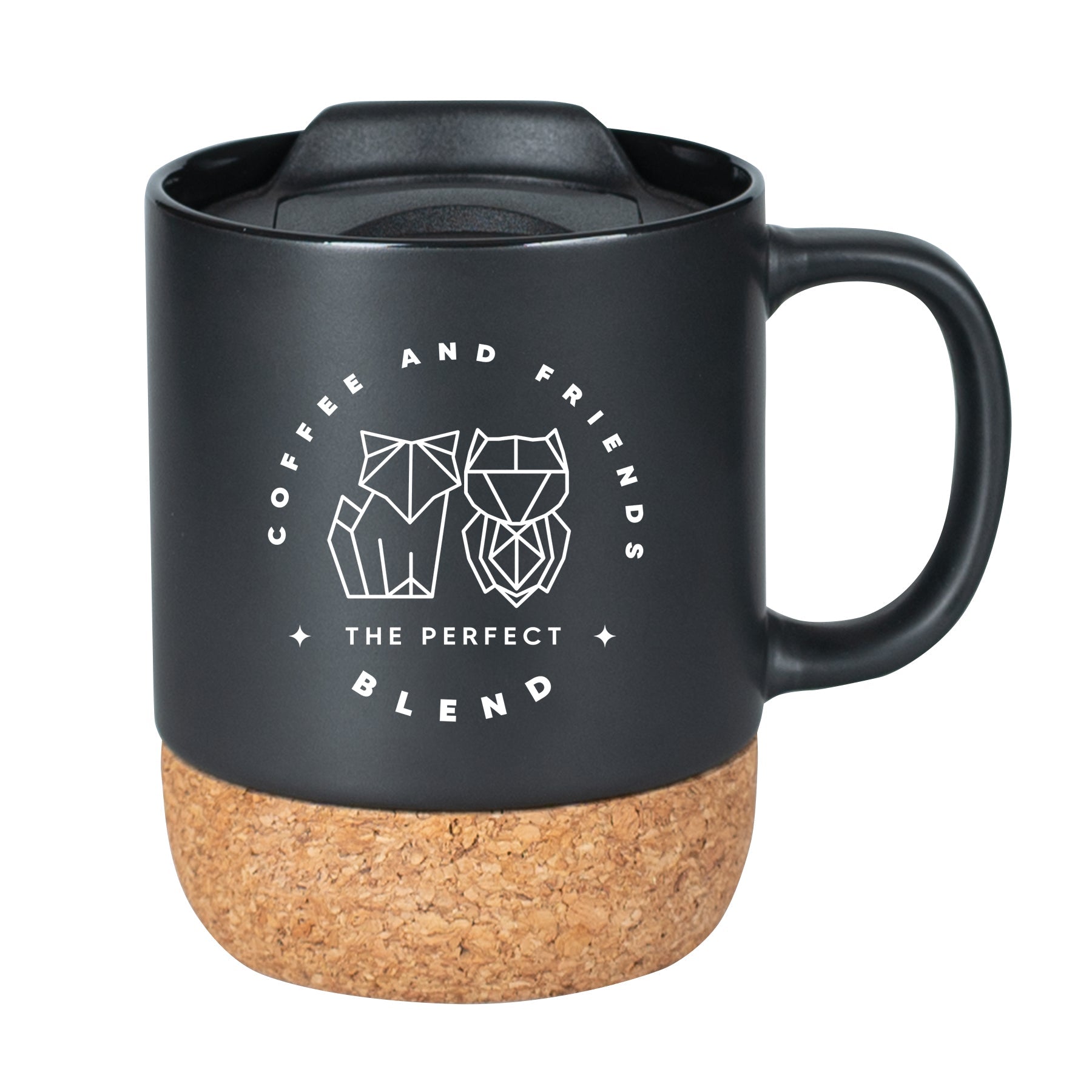 Cork bottom mug with a push-on, slide-locking lid featuring Coffee and Friends.