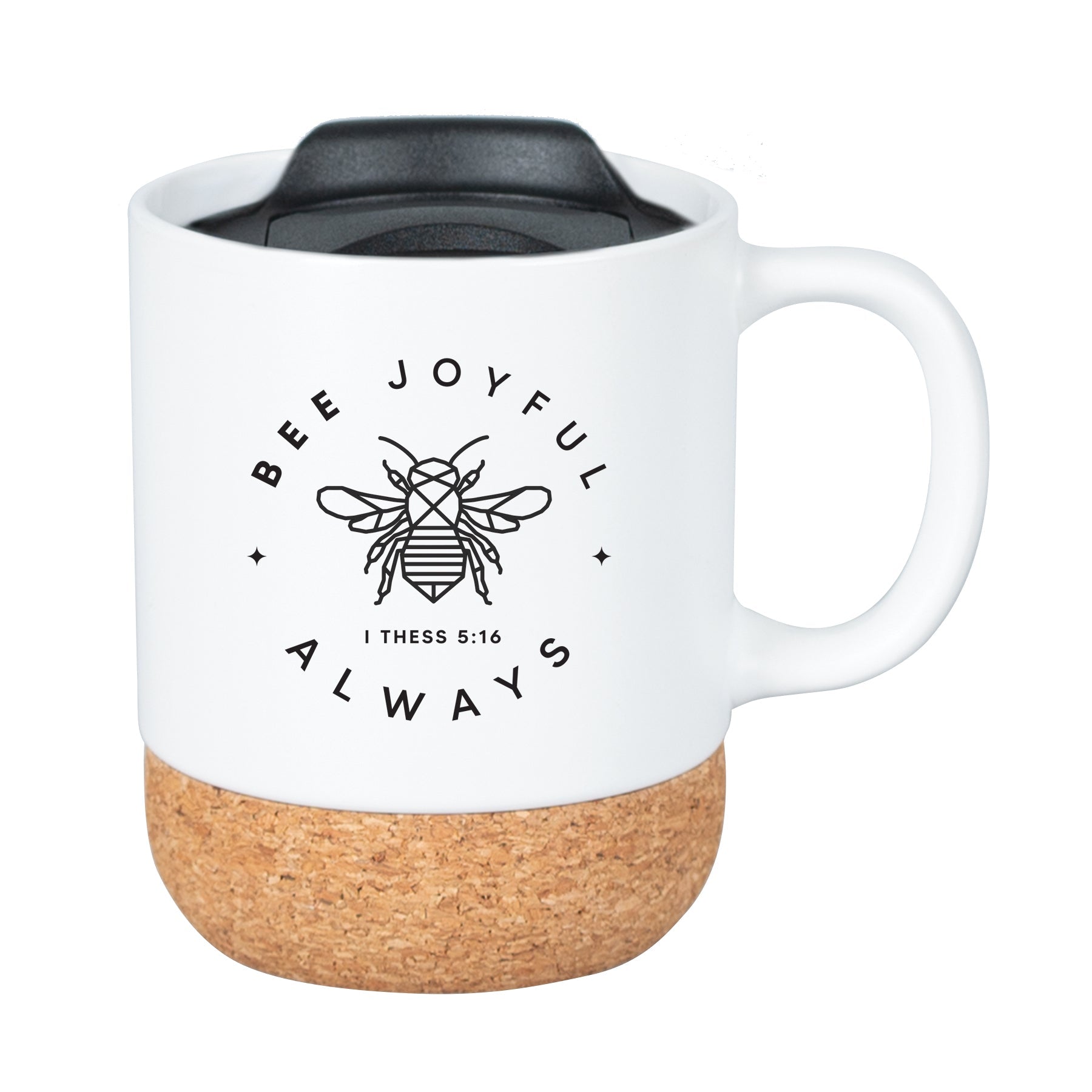 Cork bottom mug with a push-on, slide-locking lid featuring Bee Joyful.