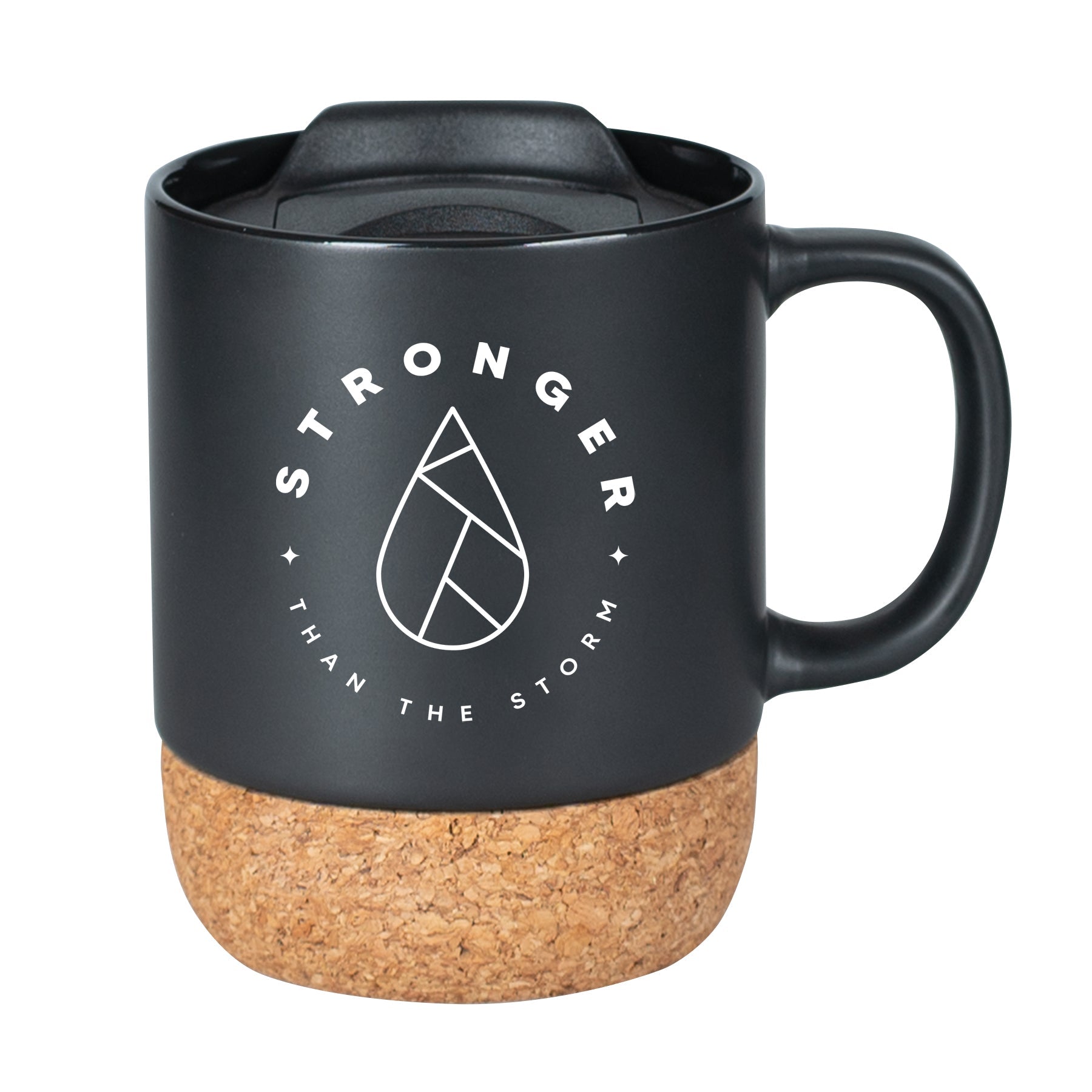 Cork bottom mug with a push-on, slide-locking lid featuring Stronger Than the Storm.