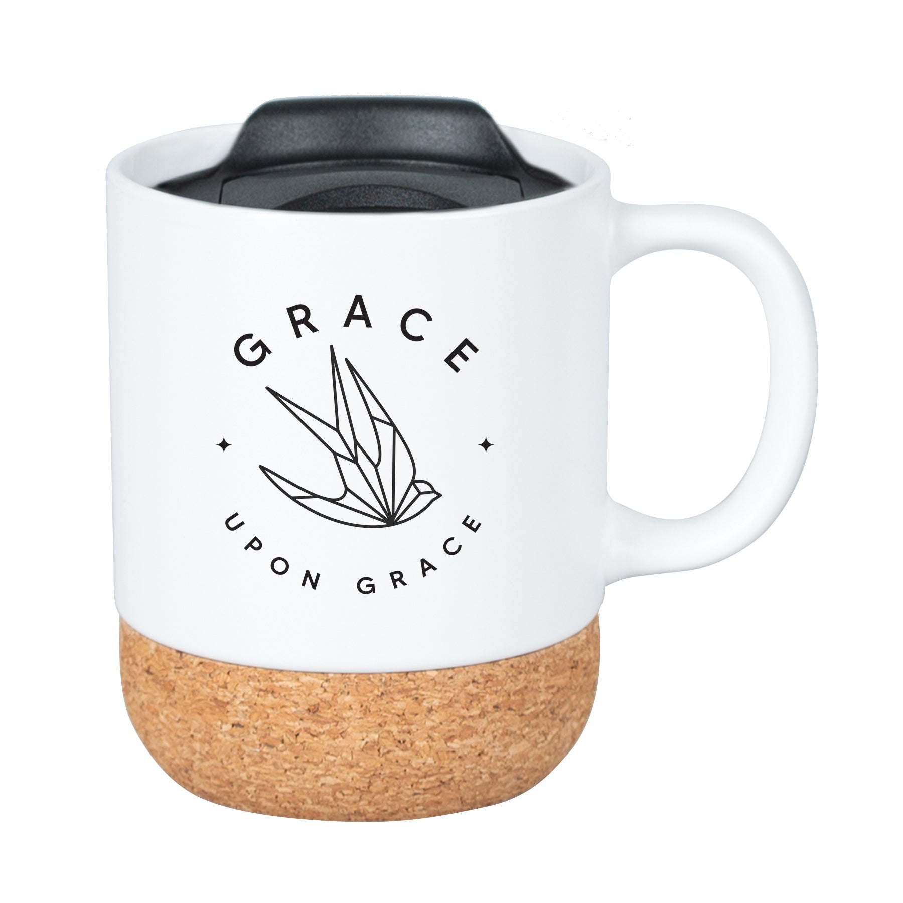 Cork bottom mug with a push-on, slide-locking lid featuring Grace Upon Grace.