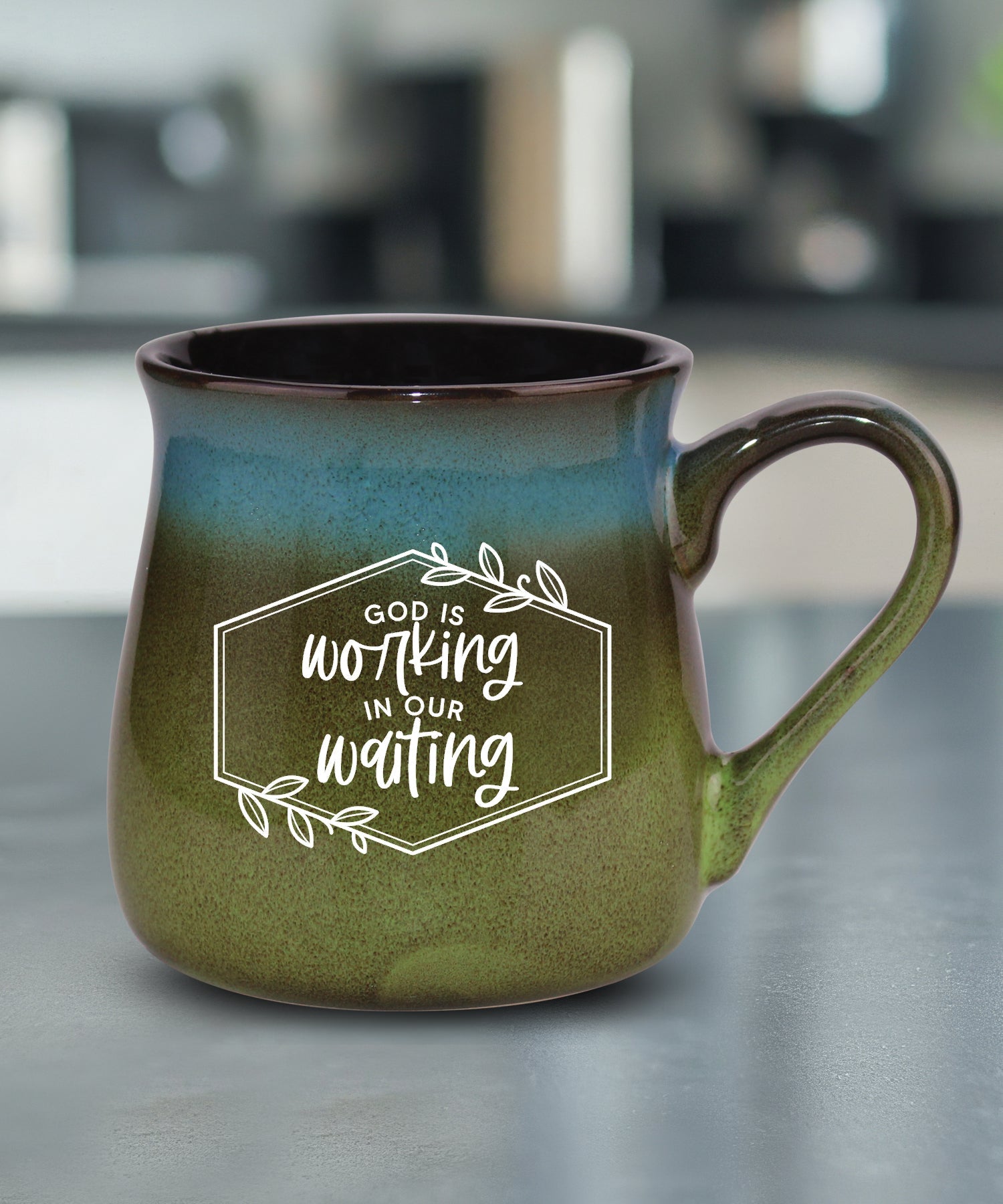 God Is Working reactive glazed ceramic mug with unique color variation and inspirational message
