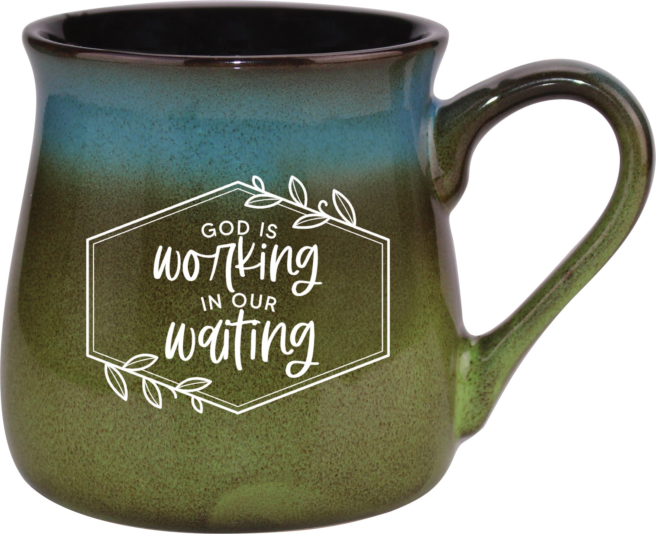 Reactive mug with a unique gradation in color and the inspirational message – God Is Working.
