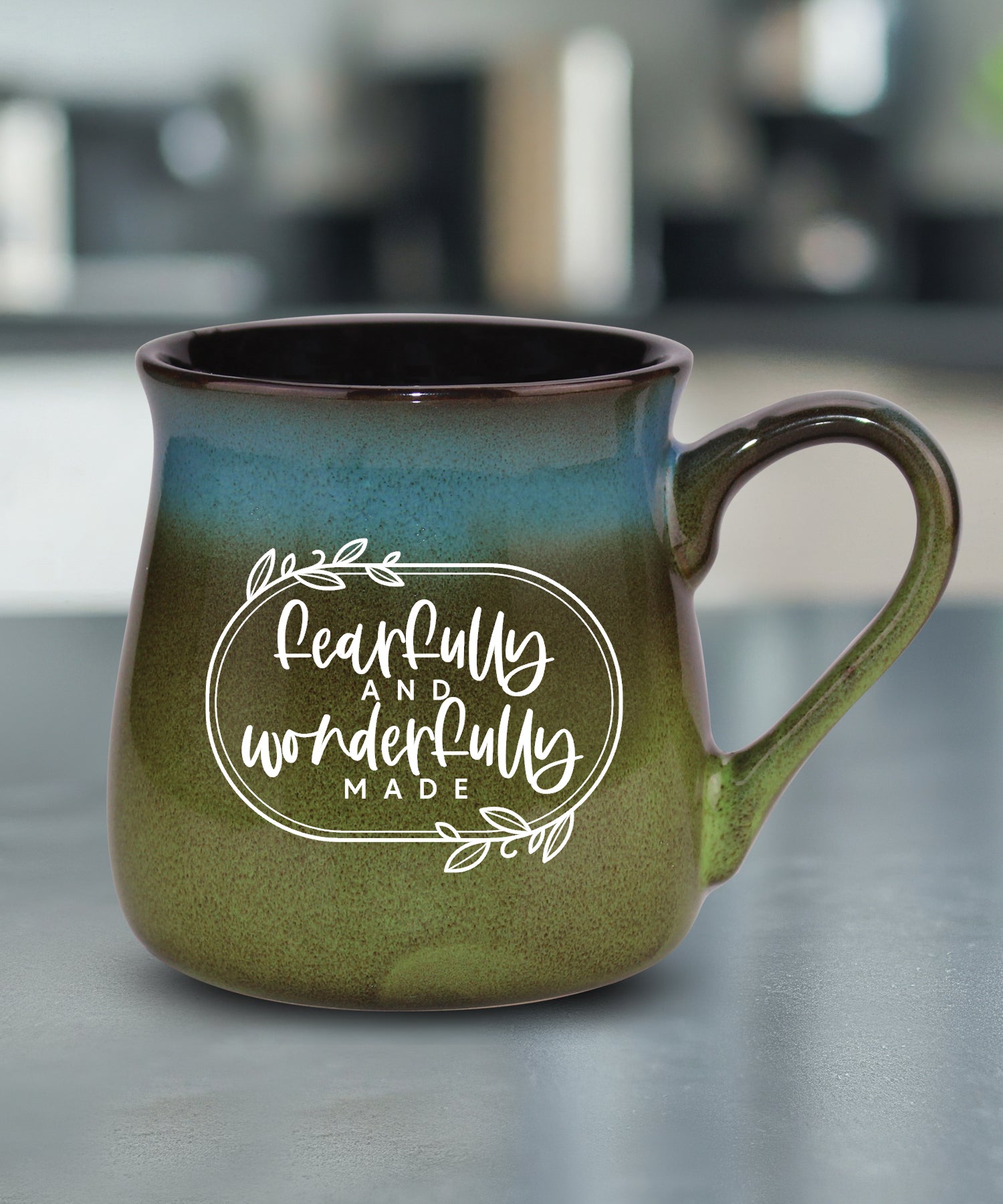 Fearfully and Wonderfully reactive glazed ceramic mug with unique color finish and faith-inspired message, 16 oz