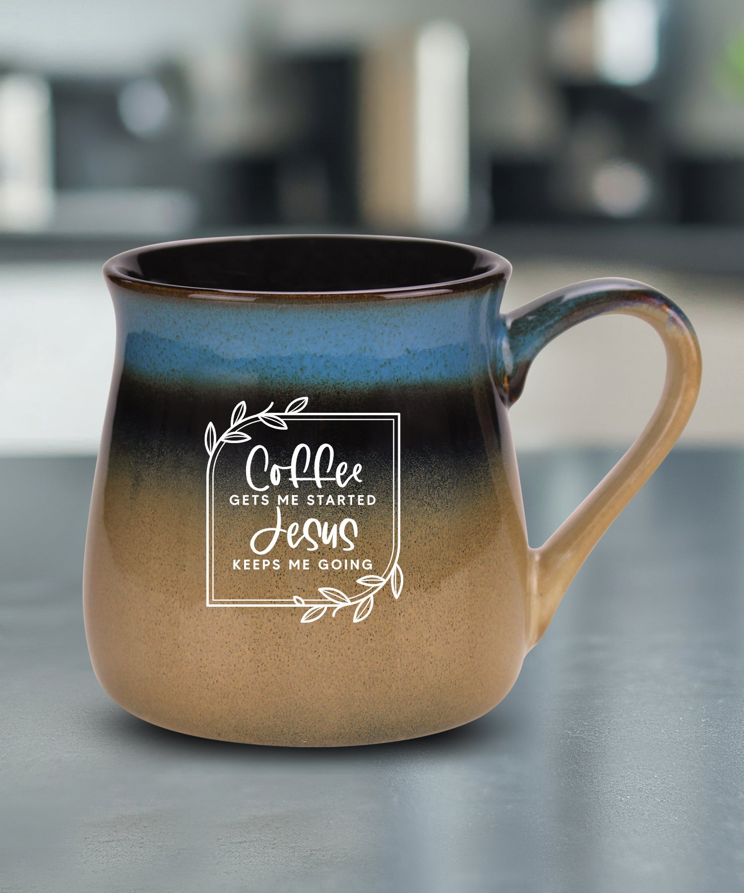 Coffee Gets Me Started reactive glazed ceramic mug with unique color finish and faith-inspired message, 16 oz