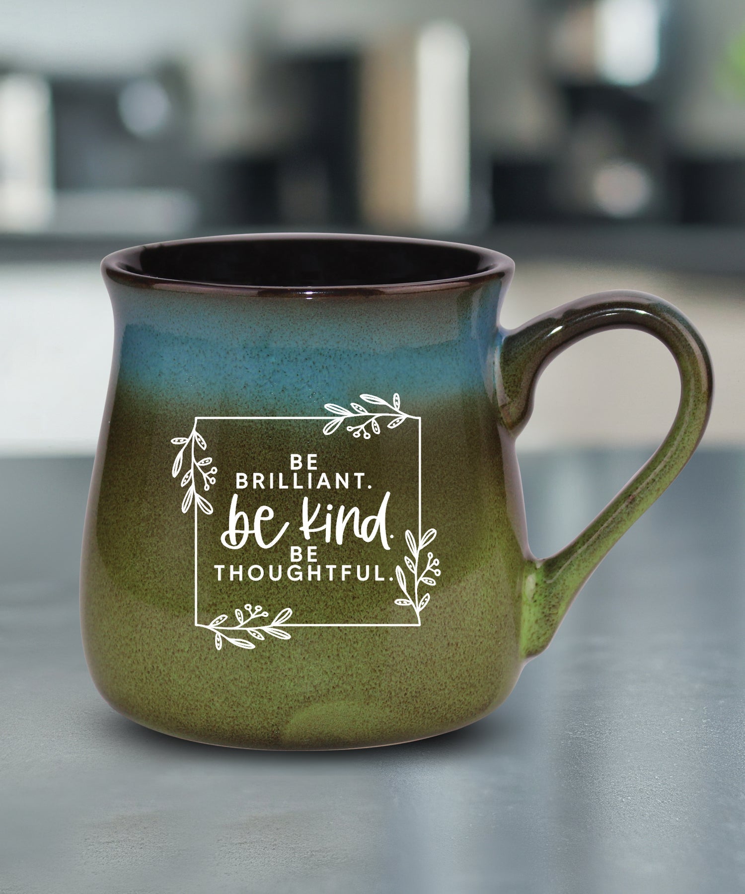 Be Brilliant reactive glazed ceramic mug with unique color finish and uplifting inspirational message, 16 oz