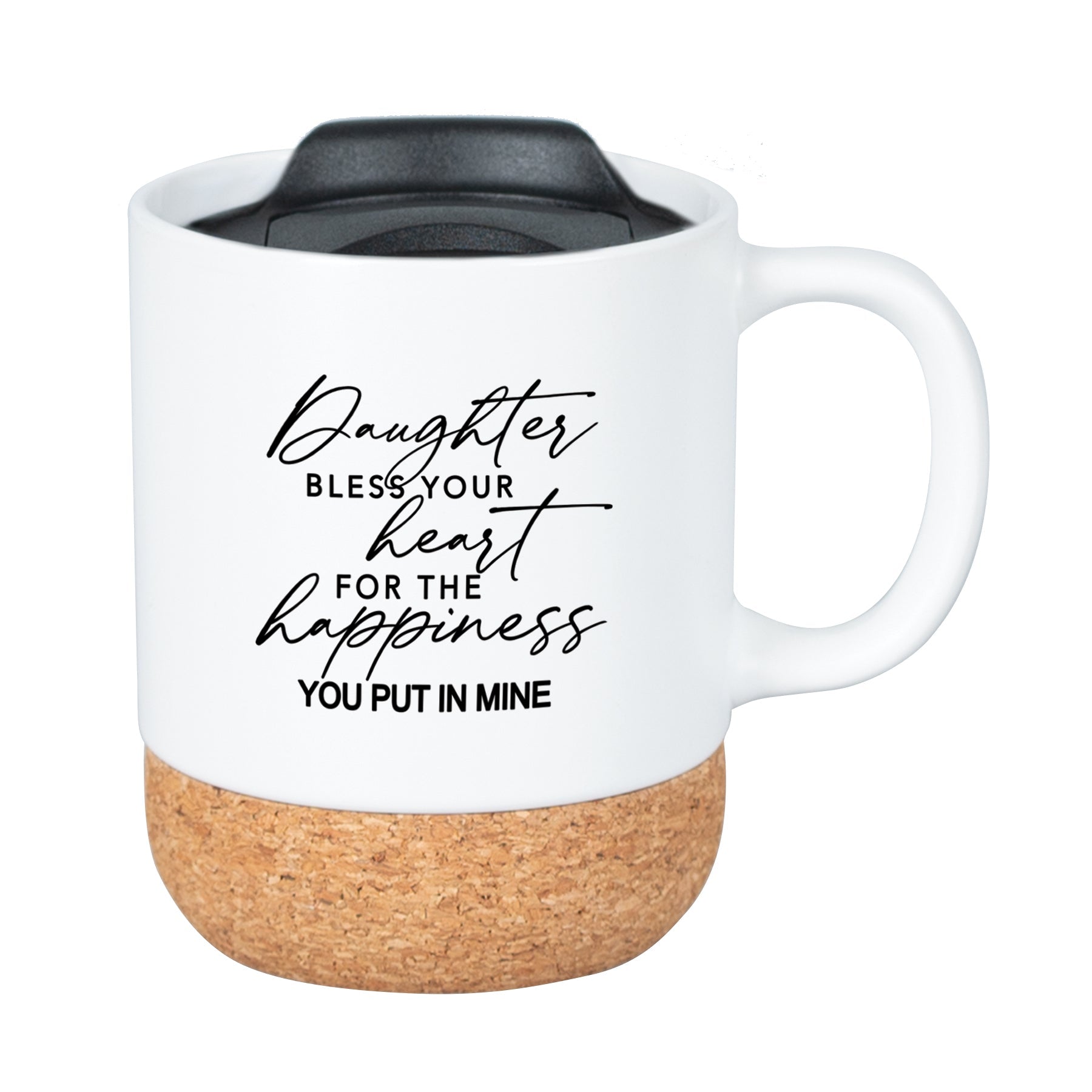 Cork bottom mug with a push-on, slide-locking lid featuring Daughter.