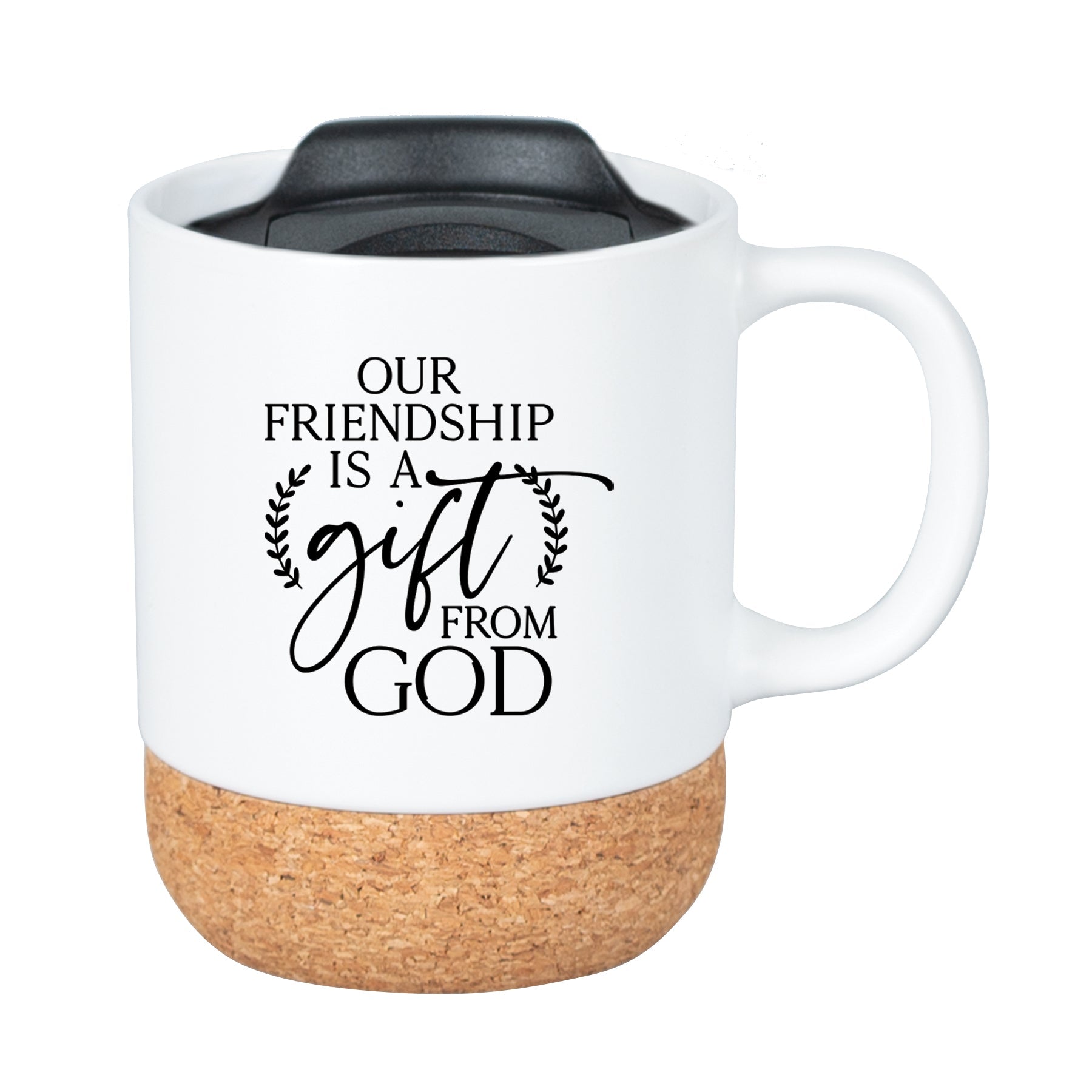 Cork bottom mug with a push-on, slide-locking lid featuring Our Friendship.