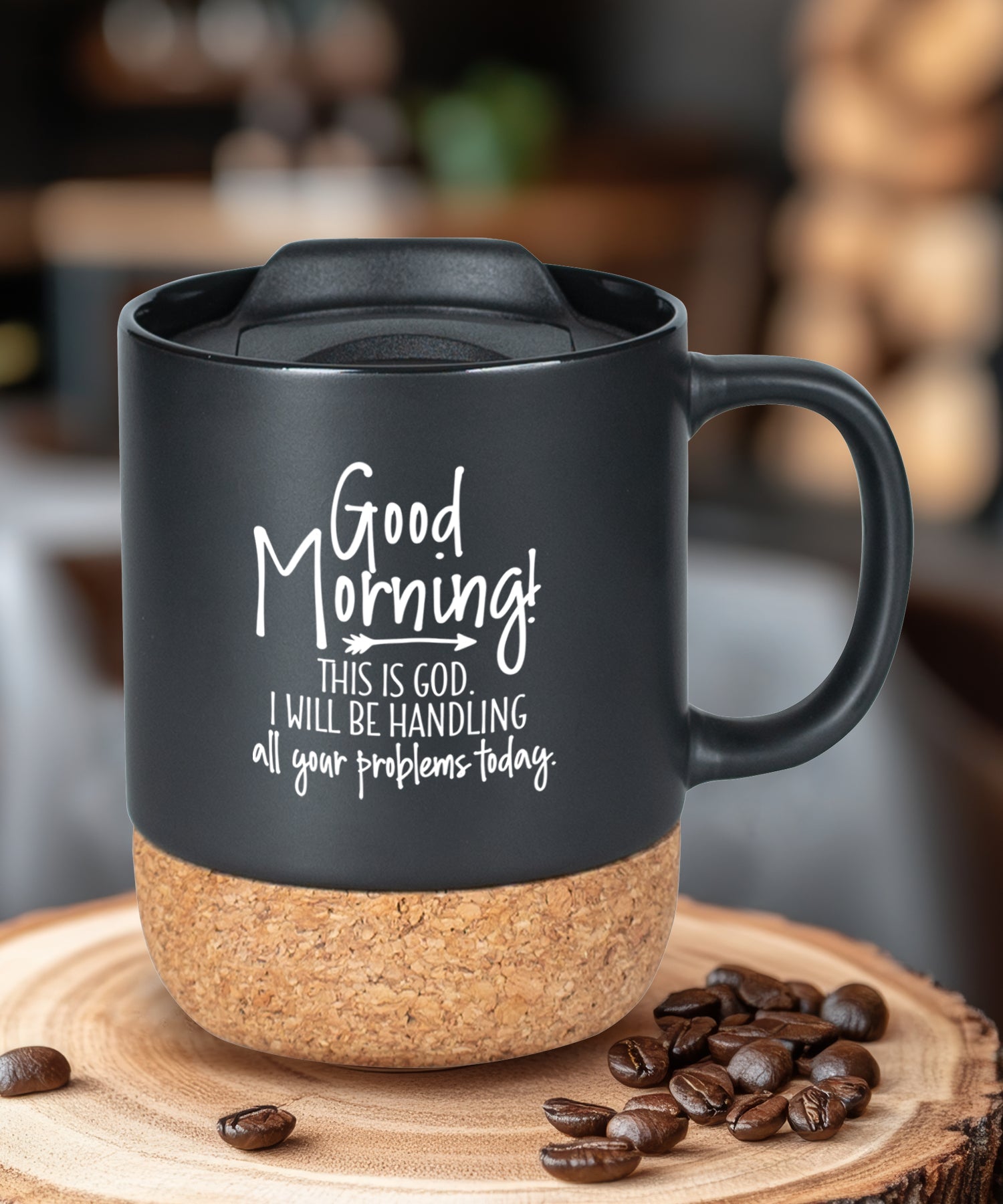 Cork bottom mug with a push-on, slide-locking lid featuring Good Morning.