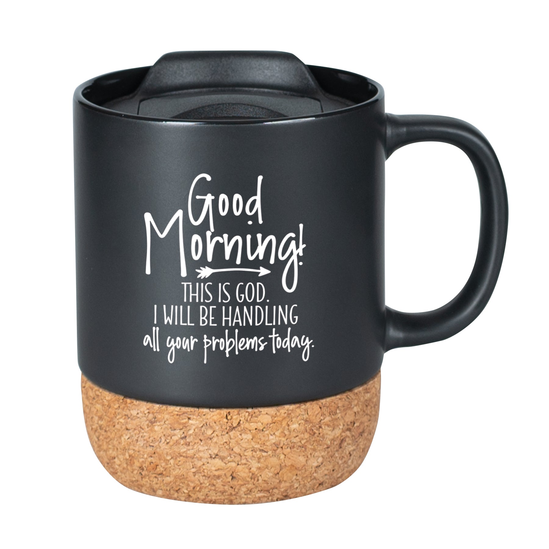 Cork bottom mug with a push-on, slide-locking lid featuring Good Morning.