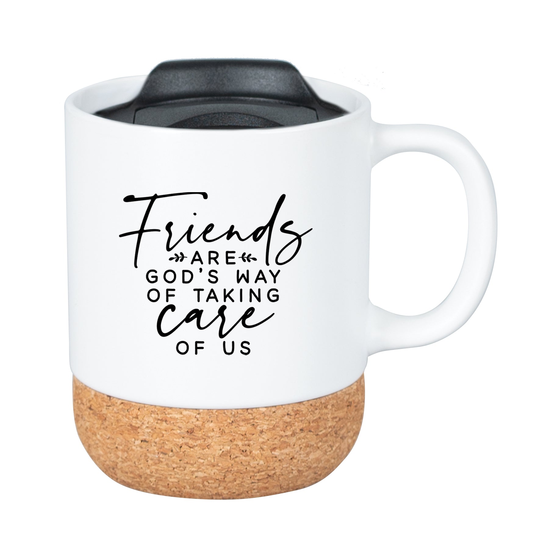 Cork bottom mug with a push-on, slide-locking lid featuring Friends Are God’s Way.