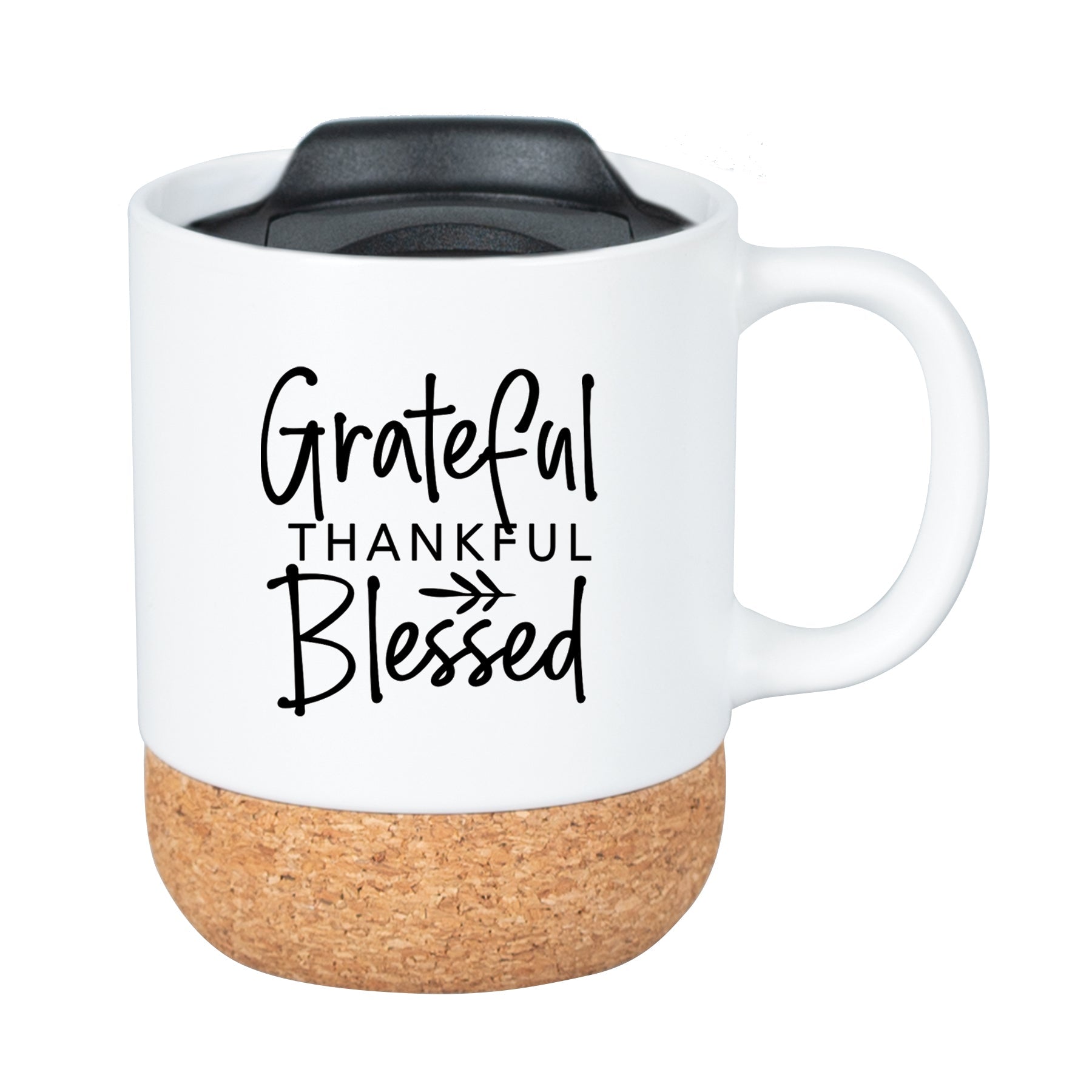 Cork bottom mug with a push-on, slide-locking lid featuring Grateful Thankful Blessed.