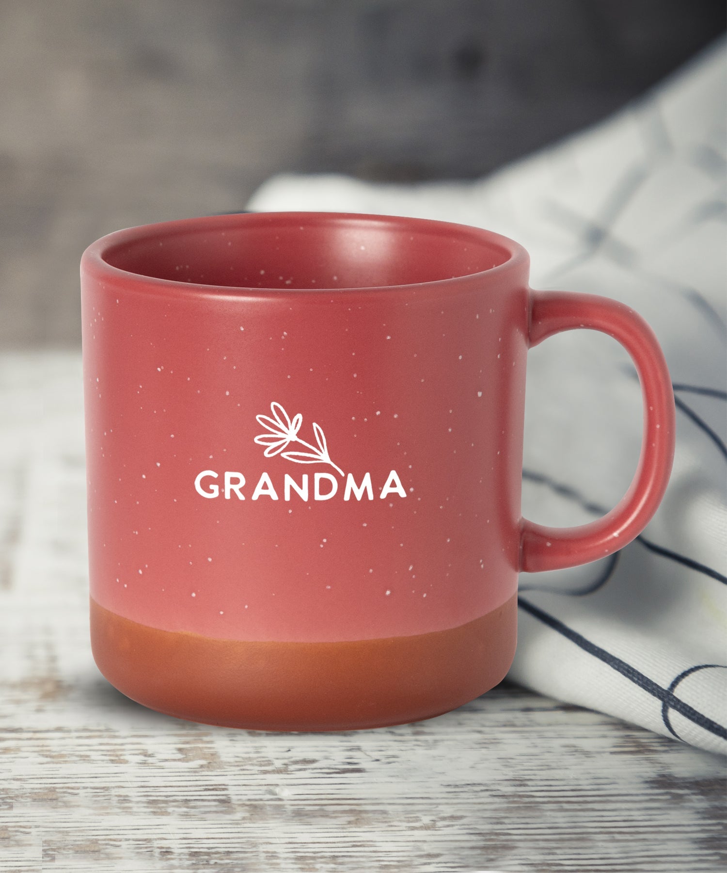 Grandma Hearthside ceramic mug with speckled finish, natural baked bottom, and faith-inspired family message, 14 oz