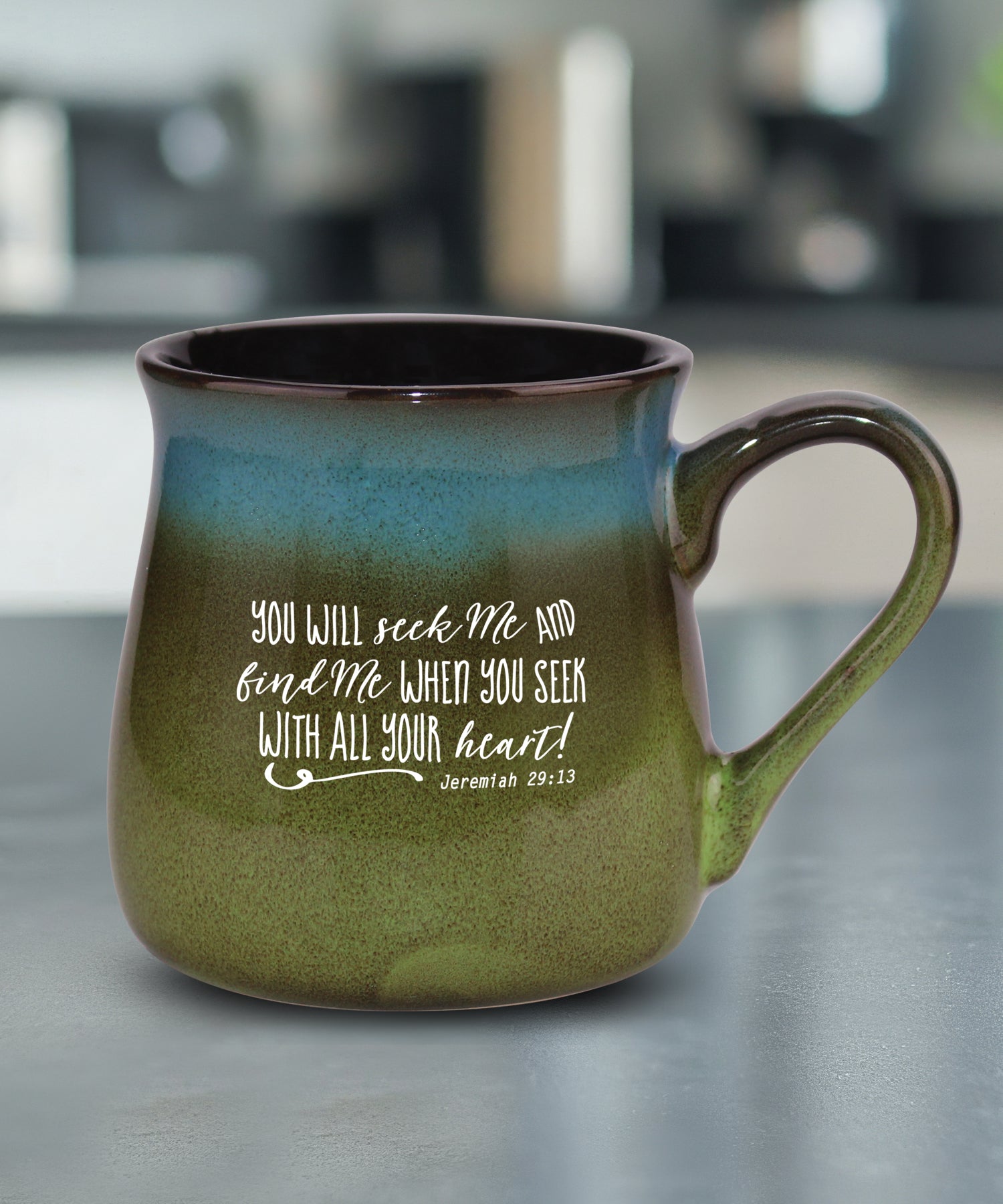 You Will Seek Me reactive glazed ceramic mug with unique color finish and scripture message from Jeremiah 29:13, 16 oz