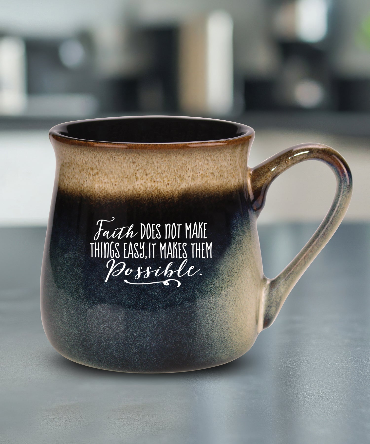 Faith Does Not Make Things reactive glazed ceramic mug with unique color finish and inspirational faith message, 16 oz