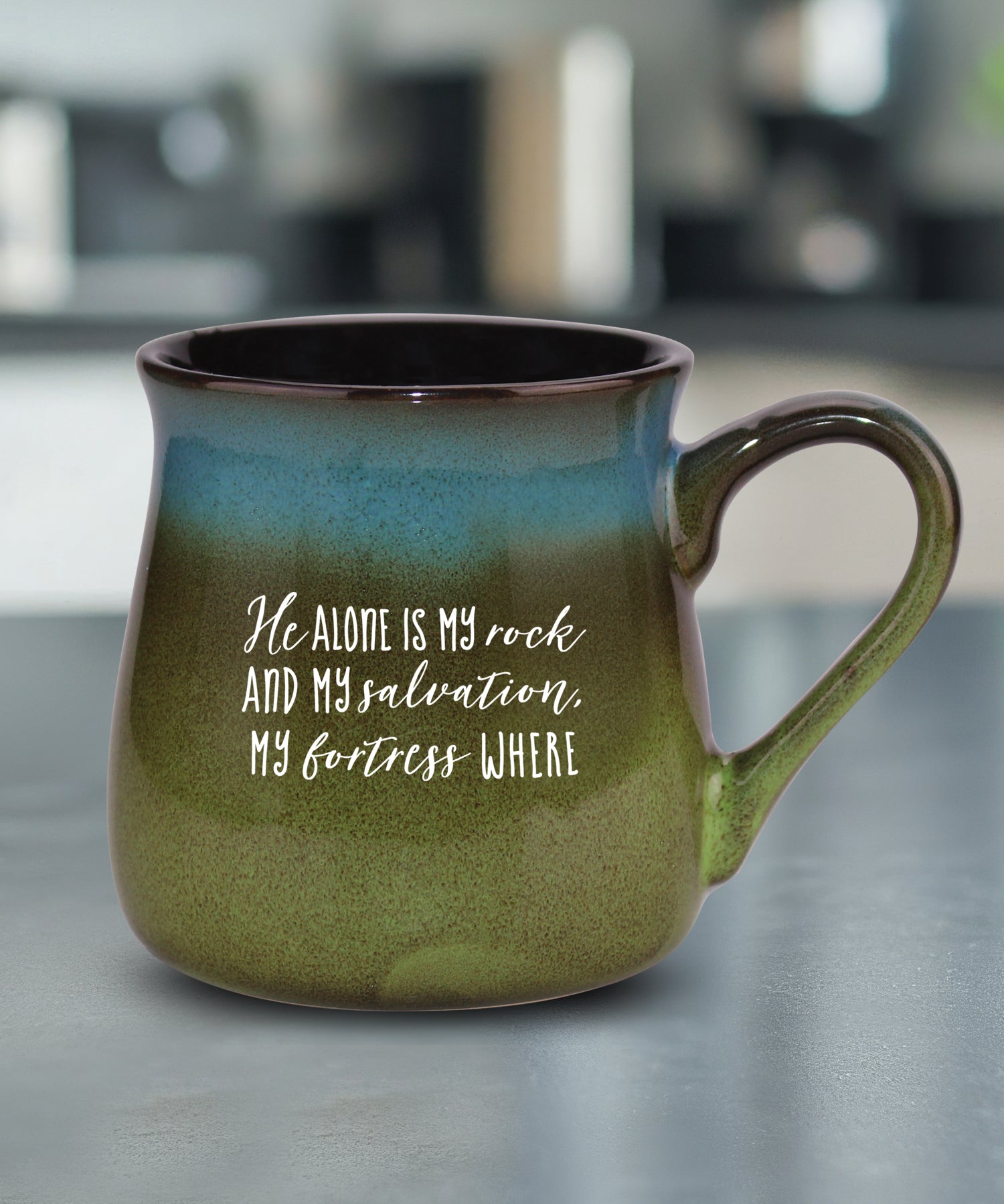 He Alone Is My Rock reactive glazed ceramic mug with unique color finish and scripture verse from Psalm 62:6, 16 oz