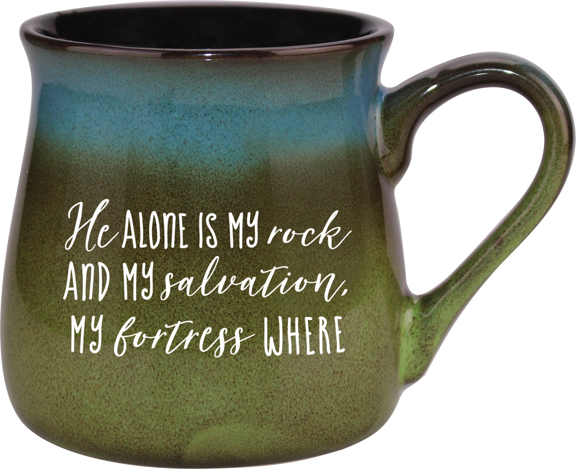 Reactive mug with a unique gradation in color and the inspirational message – He Alone Is My Rock.