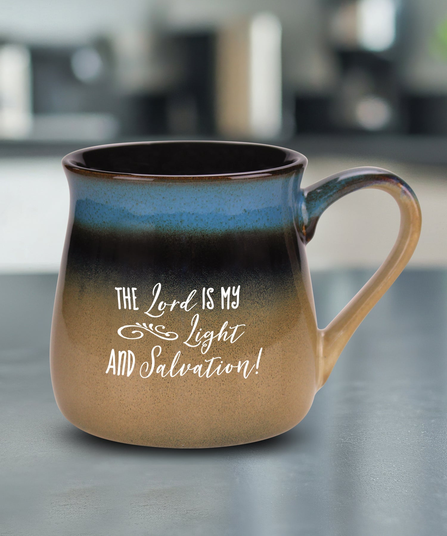 The Lord Is My Light reactive glazed ceramic mug with unique color finish and faith-inspired message, 16 oz
