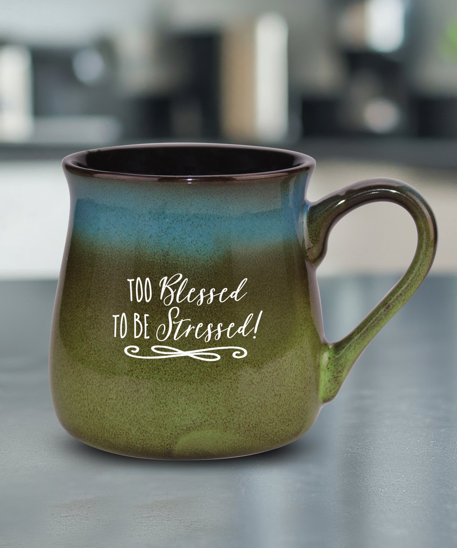 Too Blessed to Be Stressed reactive glazed ceramic mug with unique color finish and uplifting faith message, 16 oz