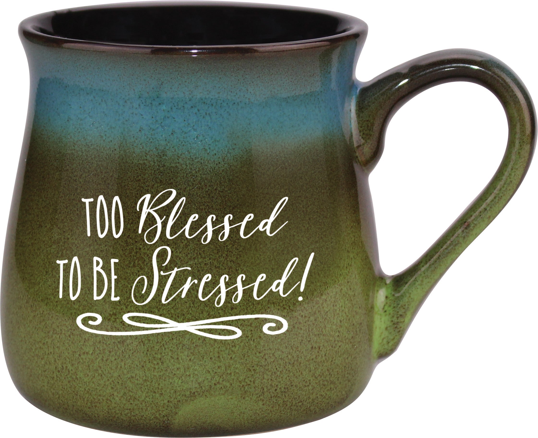 Reactive mug with a unique gradation in color and the inspirational message – Too Blessed to Be Stressed.