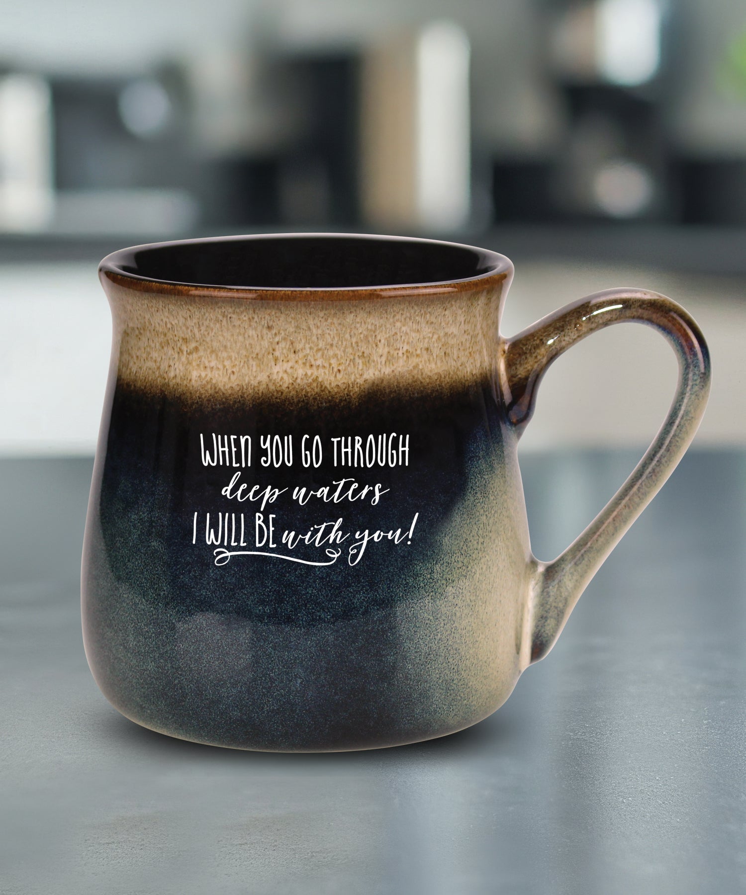 When You Go Through Deep Waters reactive glazed ceramic mug with unique color finish and comforting faith message, 16 oz