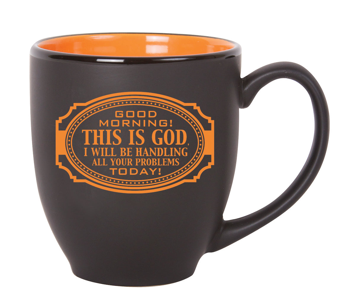 Black Bistro mug with a matte exterior, glossy interior, and Good Morning screen-printed message.