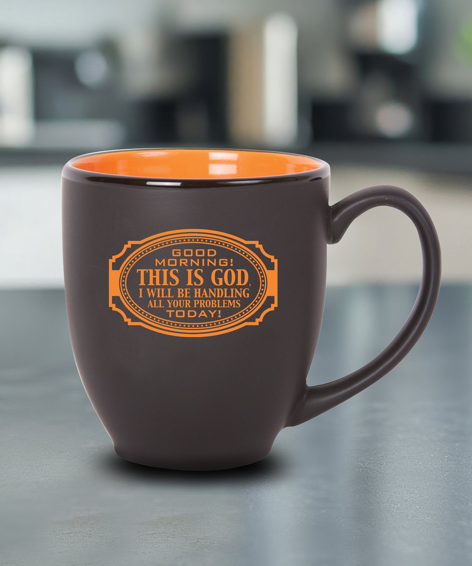 Good Morning Black Bistro ceramic mug with matte black exterior, glossy interior, and faith-based inspirational message, 16 oz