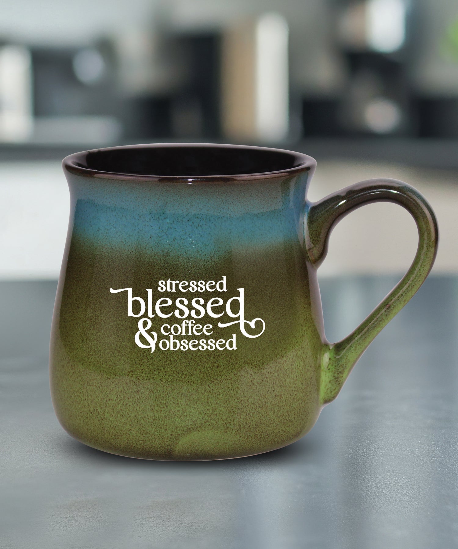 Stressed Blessed reactive glazed ceramic mug with unique color finish and coffee-themed inspirational message, 16 oz